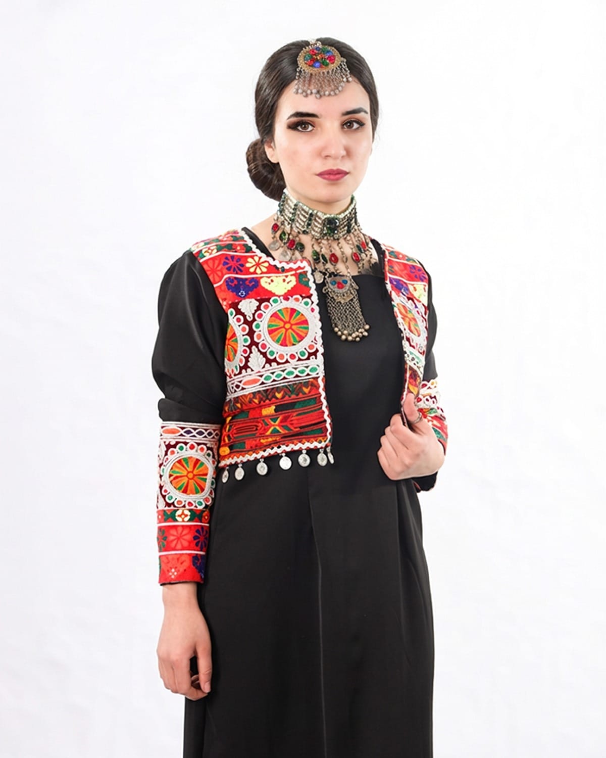 Traditional Afghan Dress Set-Handwoven Cropped Jacket & Black Maxi Dress with Afghan Embroidery