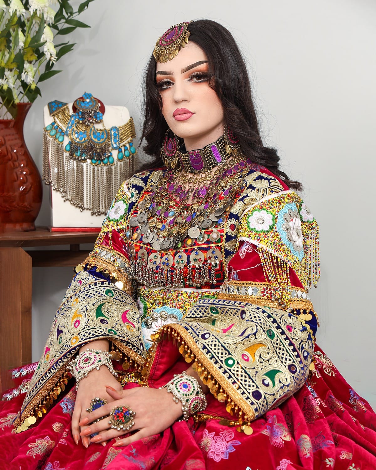 Genda Afghan Dress-Hand Embroidered Velvet Fabric - Wedding & Cultural Occasions