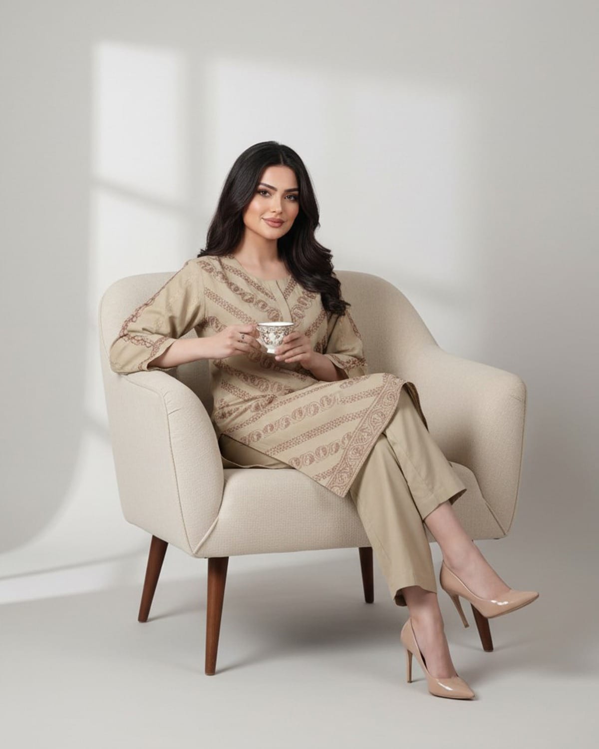 Traditional Afghan Women Dress Set – Elegant Beige Outfit with Shawl and Pants