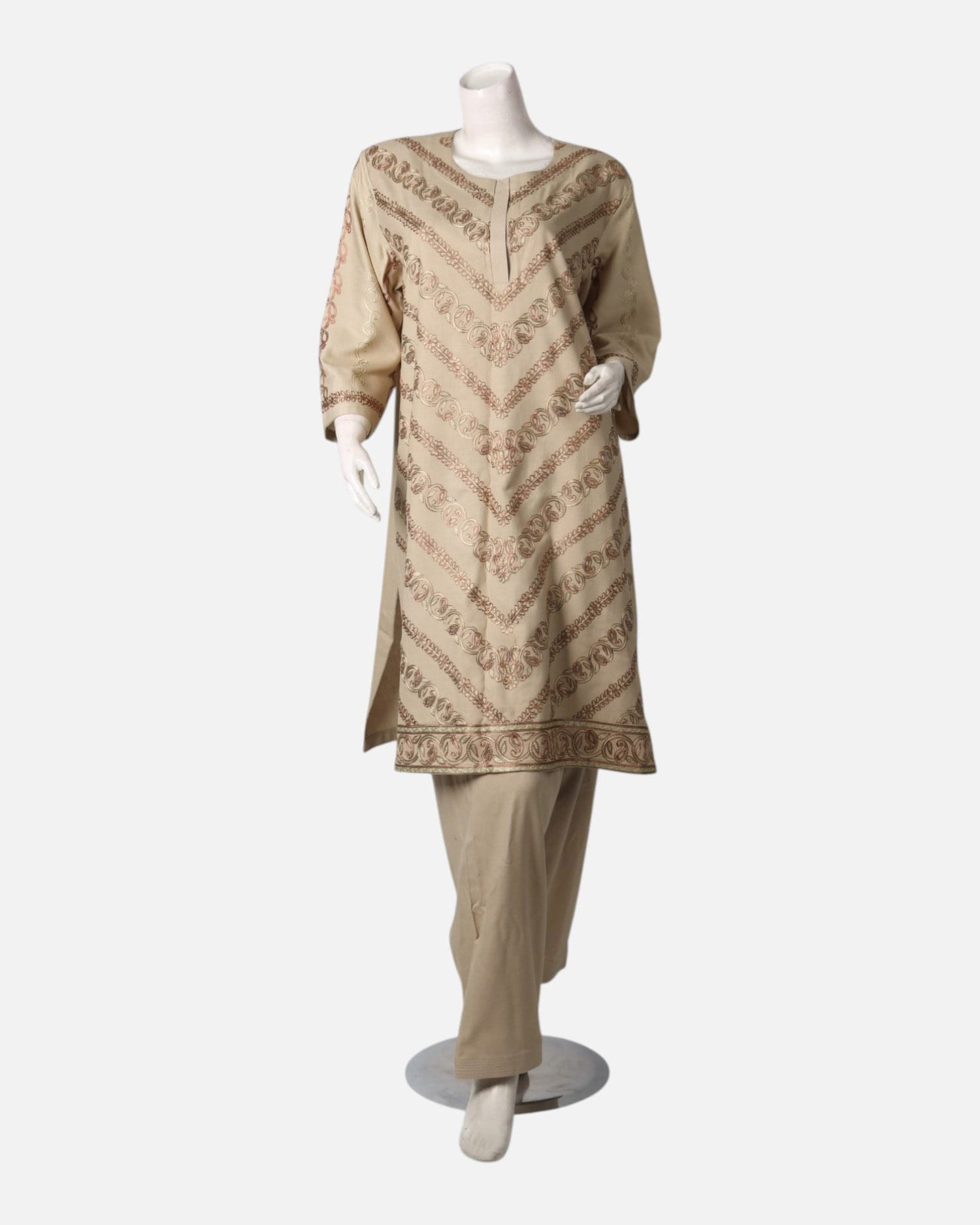 Traditional Afghan Women Dress Set – Elegant Beige Outfit with Shawl and Pants