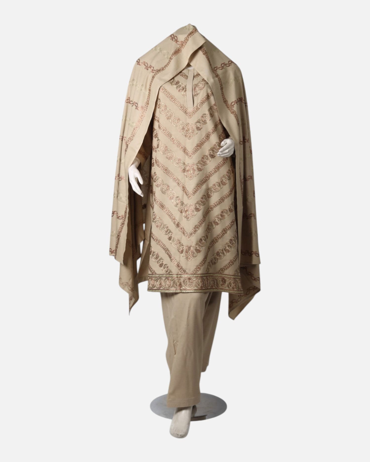 Traditional Afghan Women Dress Set – Elegant Beige Outfit with Shawl and Pants