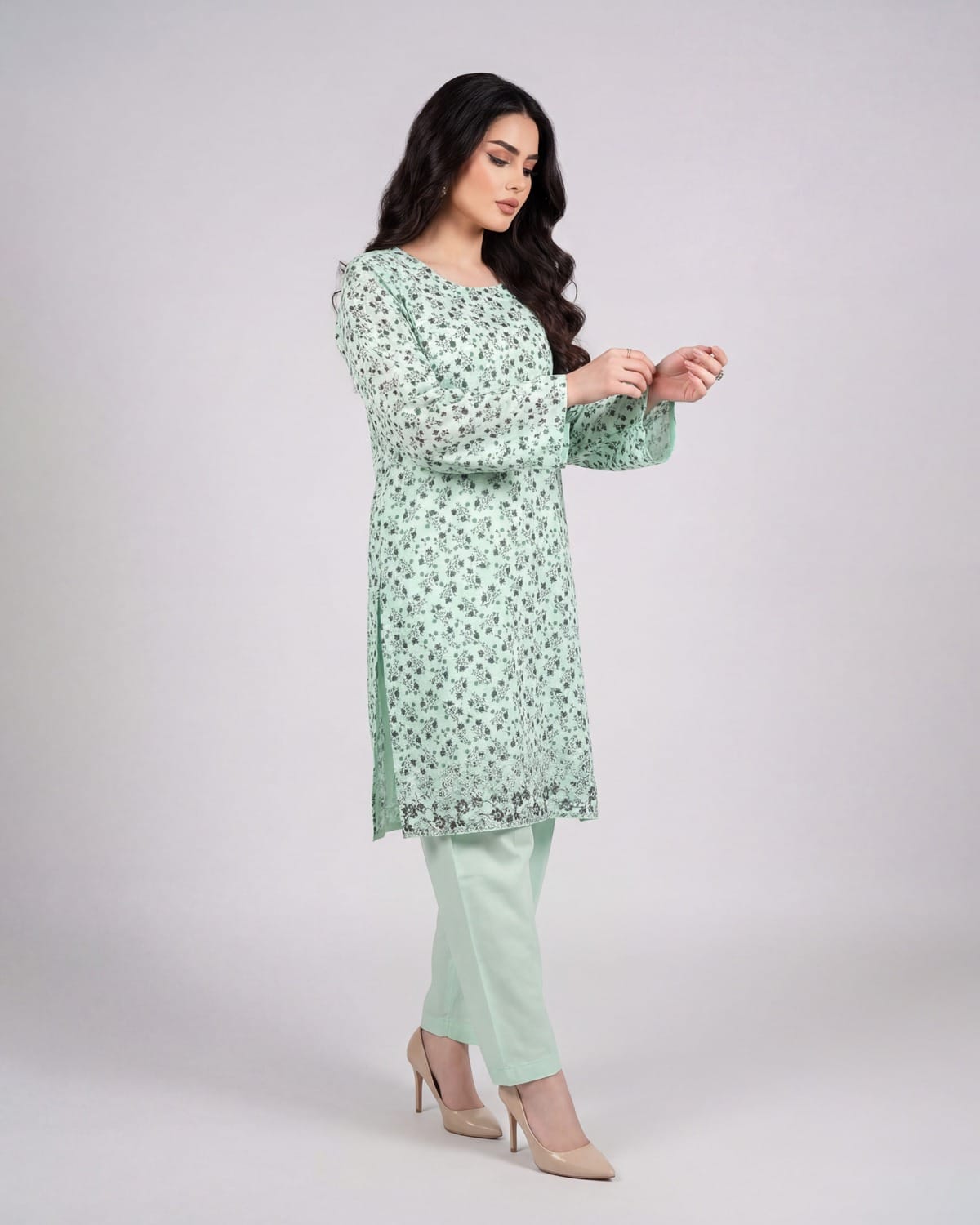 Cotton Dress Three Piece Set – Mint Green Floral Traditional Outfit with Shawl