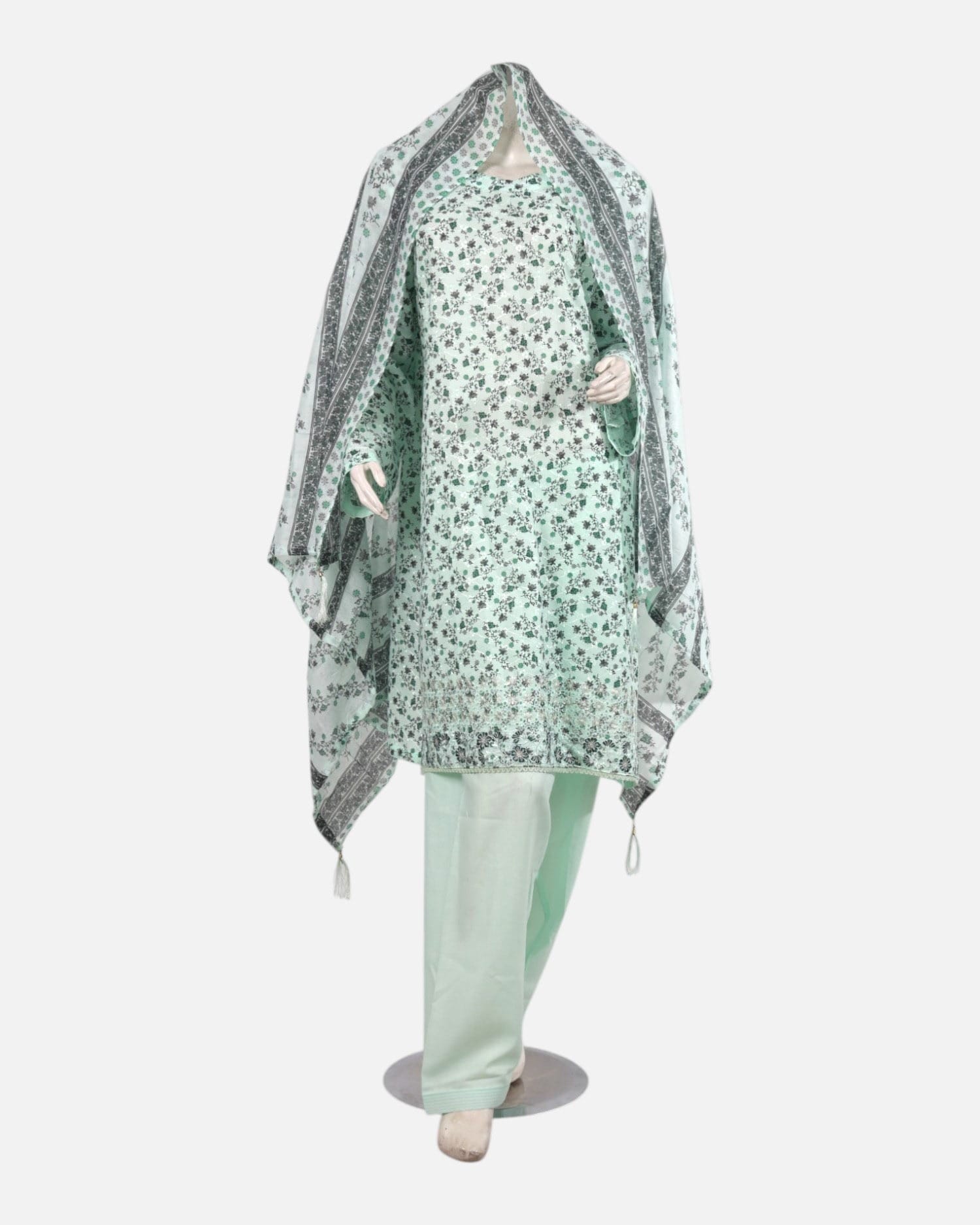 Cotton Dress Three Piece Set – Mint Green Floral Traditional Outfit with Shawl