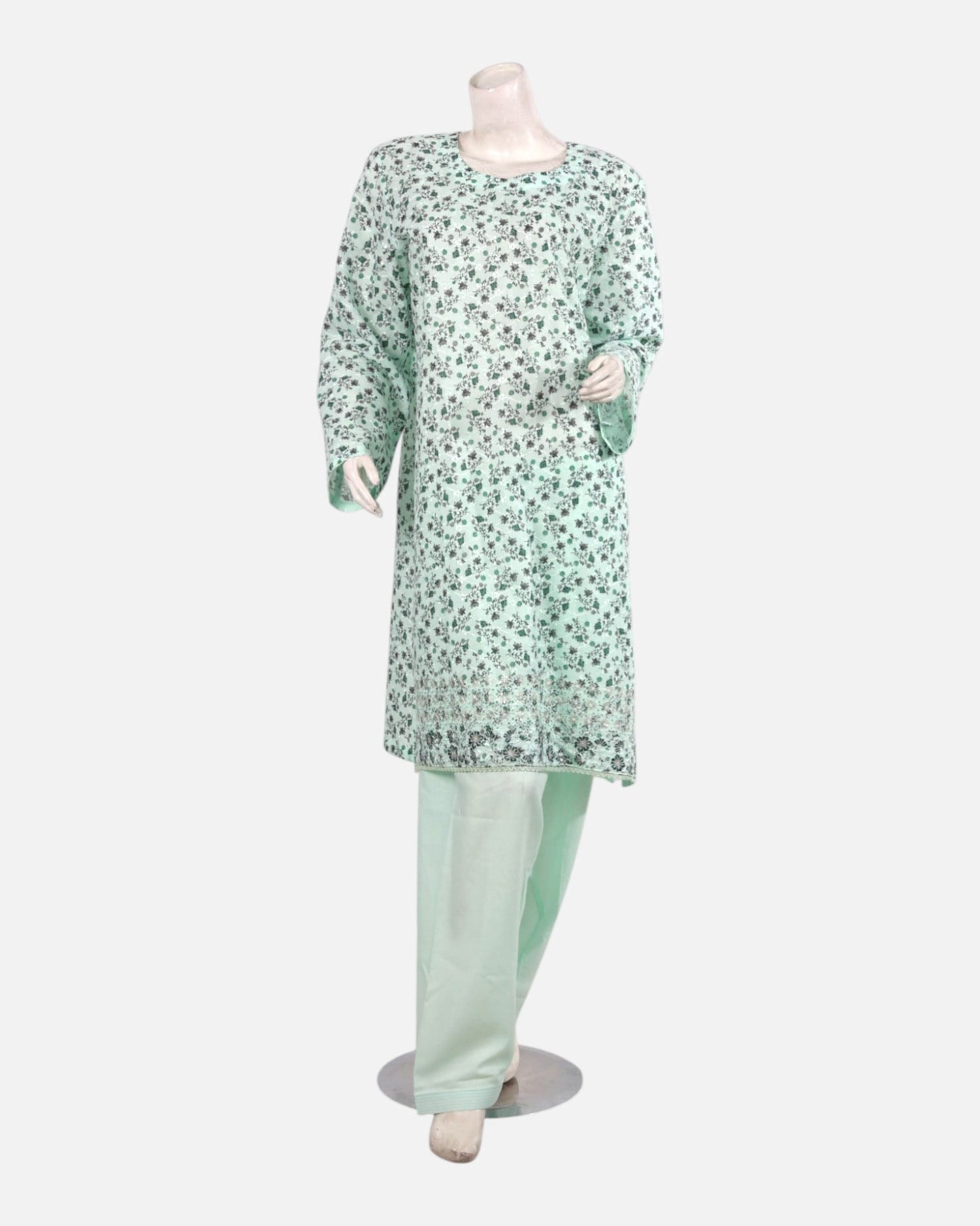 Cotton Dress Three Piece Set – Mint Green Floral Traditional Outfit with Shawl