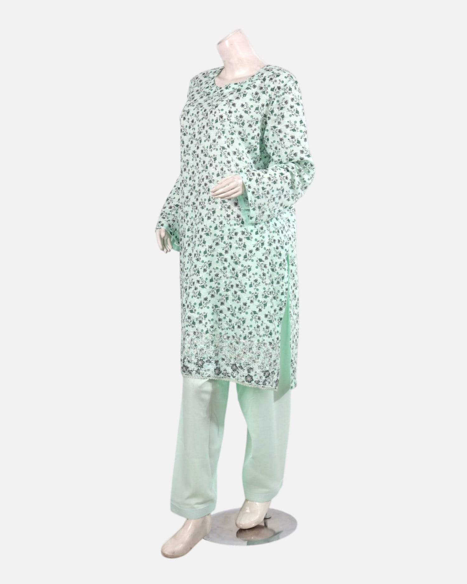 Cotton Dress Three Piece Set – Mint Green Floral Traditional Outfit with Shawl