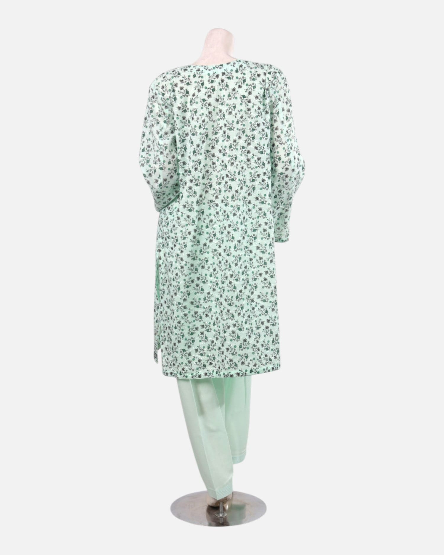 Cotton Dress Three Piece Set – Mint Green Floral Traditional Outfit with Shawl