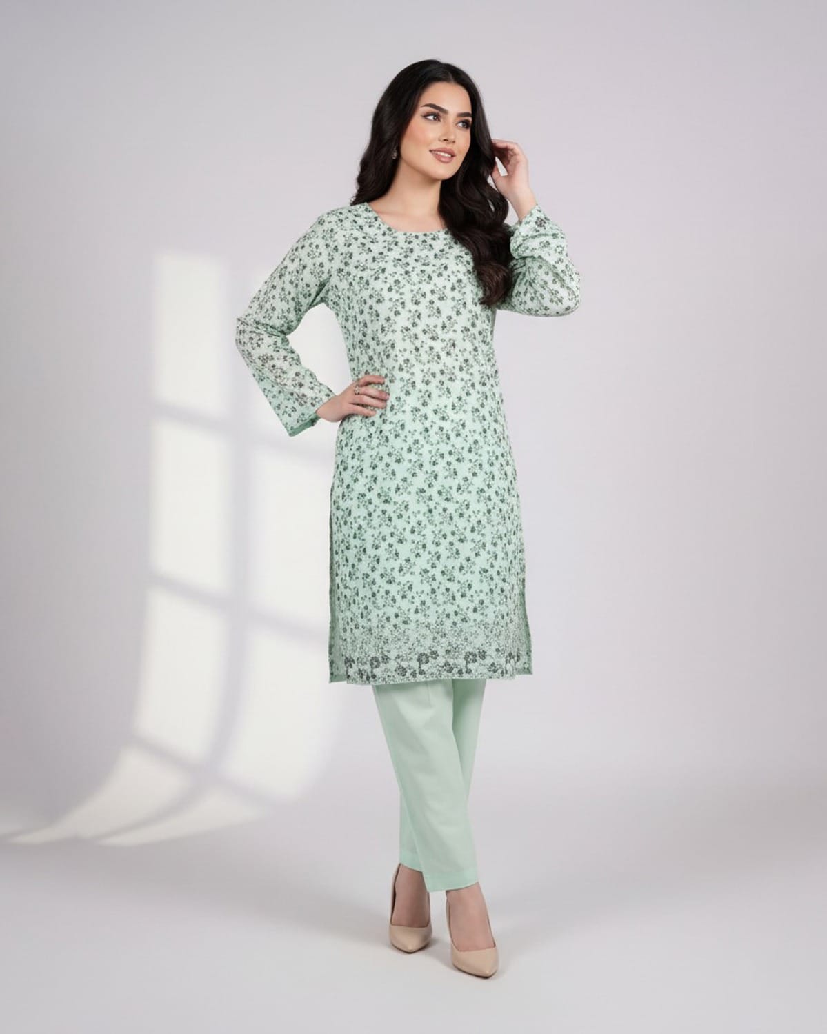 Cotton Dress Three Piece Set – Mint Green Floral Traditional Outfit with Shawl