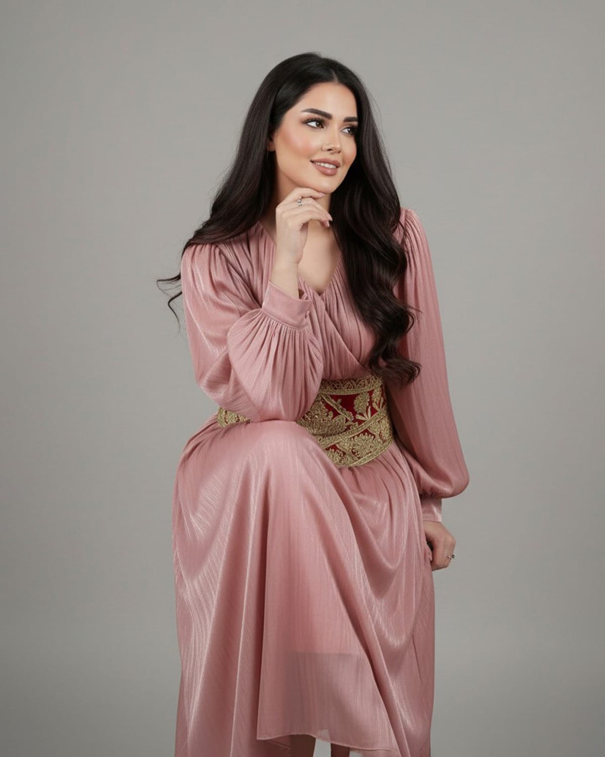 Elegant Pink Afghan Long Dress with Handcrafted Leather Belt – Embroidered with Pearl Details