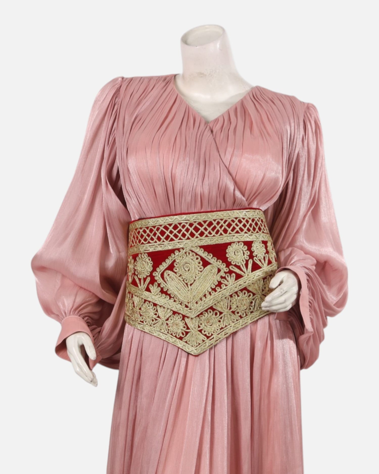 Elegant Pink Afghan Long Dress with Handcrafted Leather Belt – Embroidered with Pearl Details
