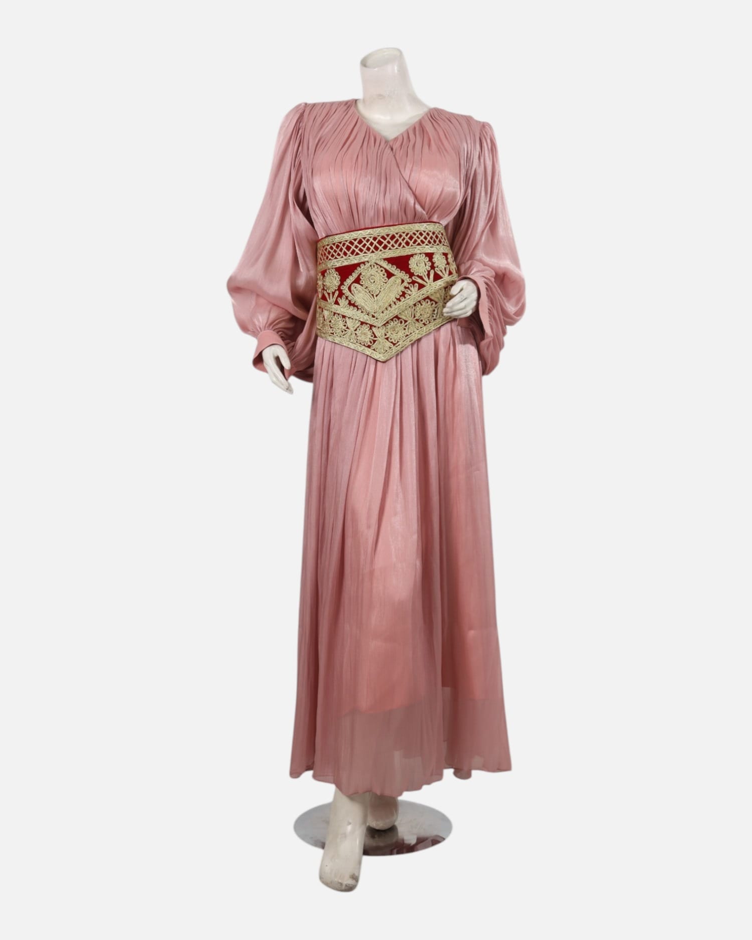 Elegant Pink Afghan Long Dress with Handcrafted Leather Belt – Embroidered with Pearl Details