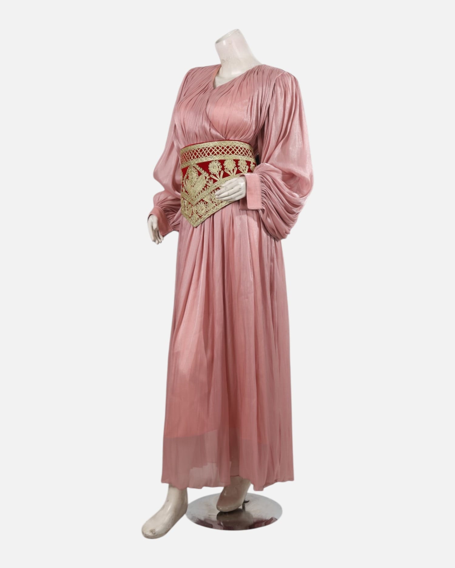 Elegant Pink Afghan Long Dress with Handcrafted Leather Belt – Embroidered with Pearl Details