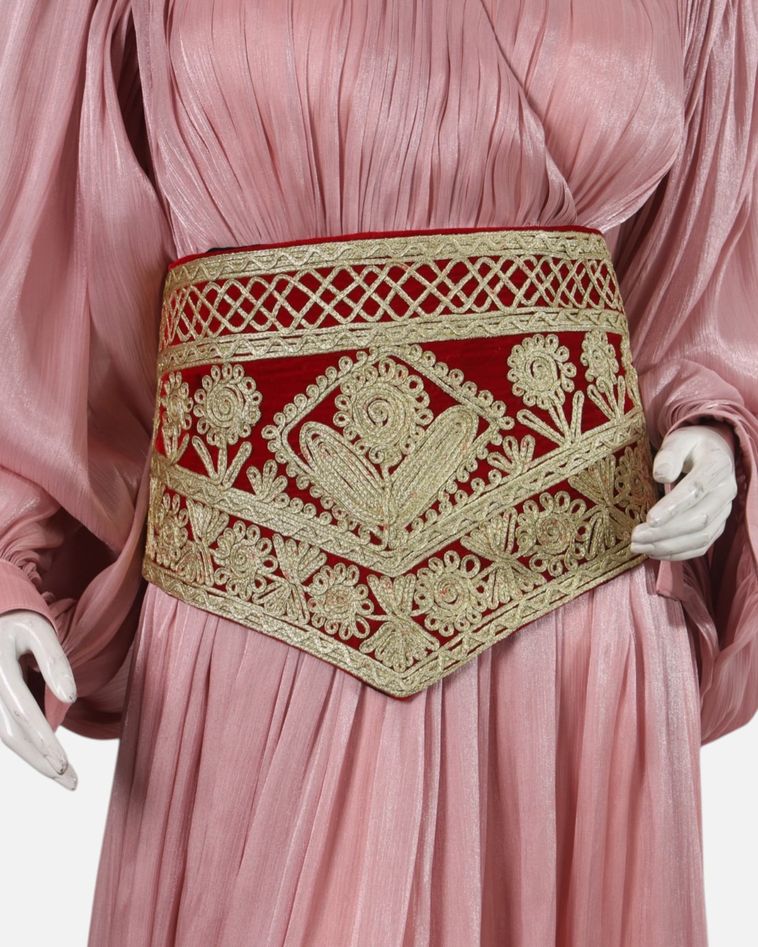 Elegant Pink Afghan Long Dress with Handcrafted Leather Belt – Embroidered with Pearl Details