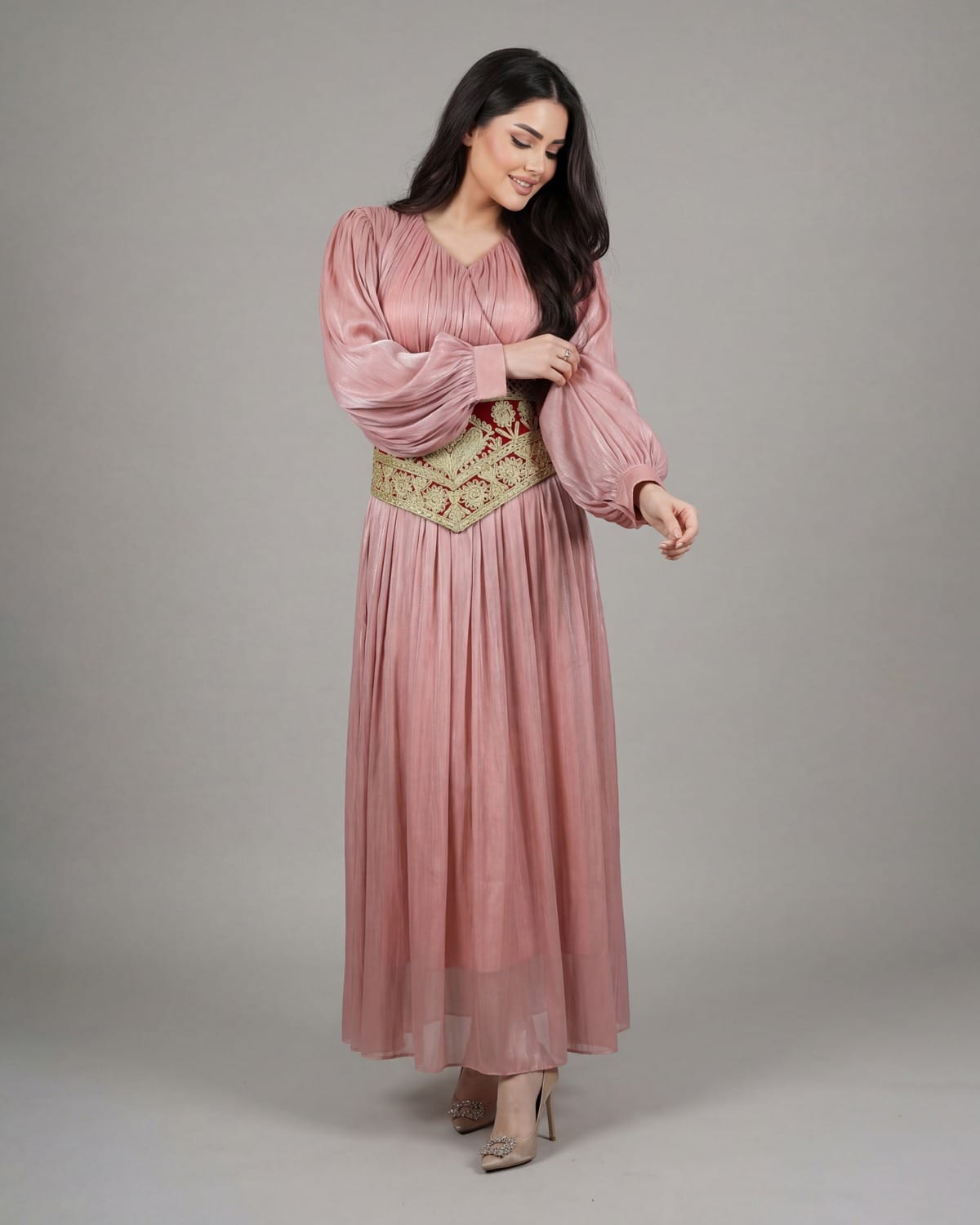 Elegant Pink Afghan Long Dress with Handcrafted Leather Belt – Embroidered with Pearl Details