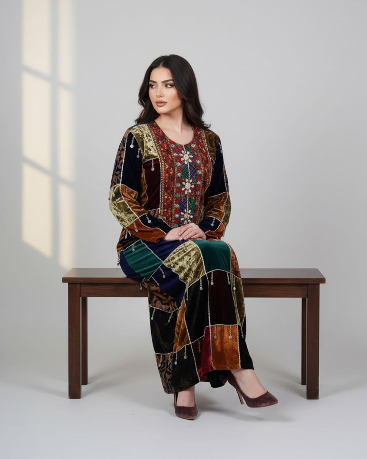 Luxury Afghan Velvet Silk Dress – Hand-Embroidered Qaraqi Design for Weddings