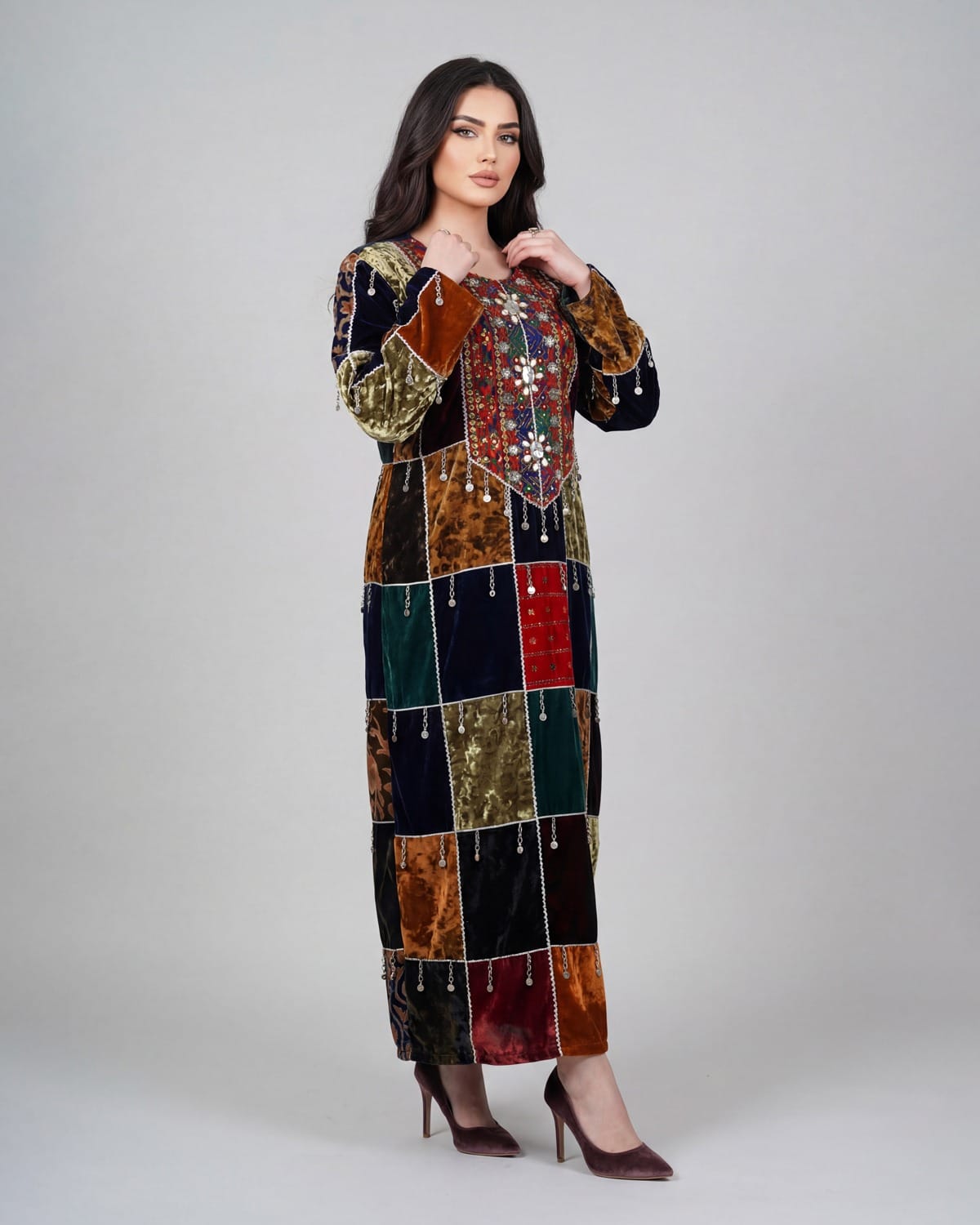 Luxury Afghan Velvet Silk Dress – Hand-Embroidered Qaraqi Design for Weddings