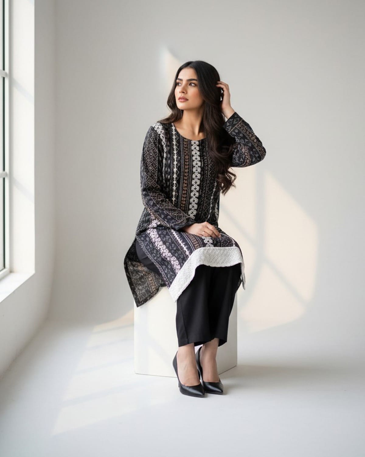 Afghan Black & White Punjabi Suit – 3 Piece Cotton Traditional Dress