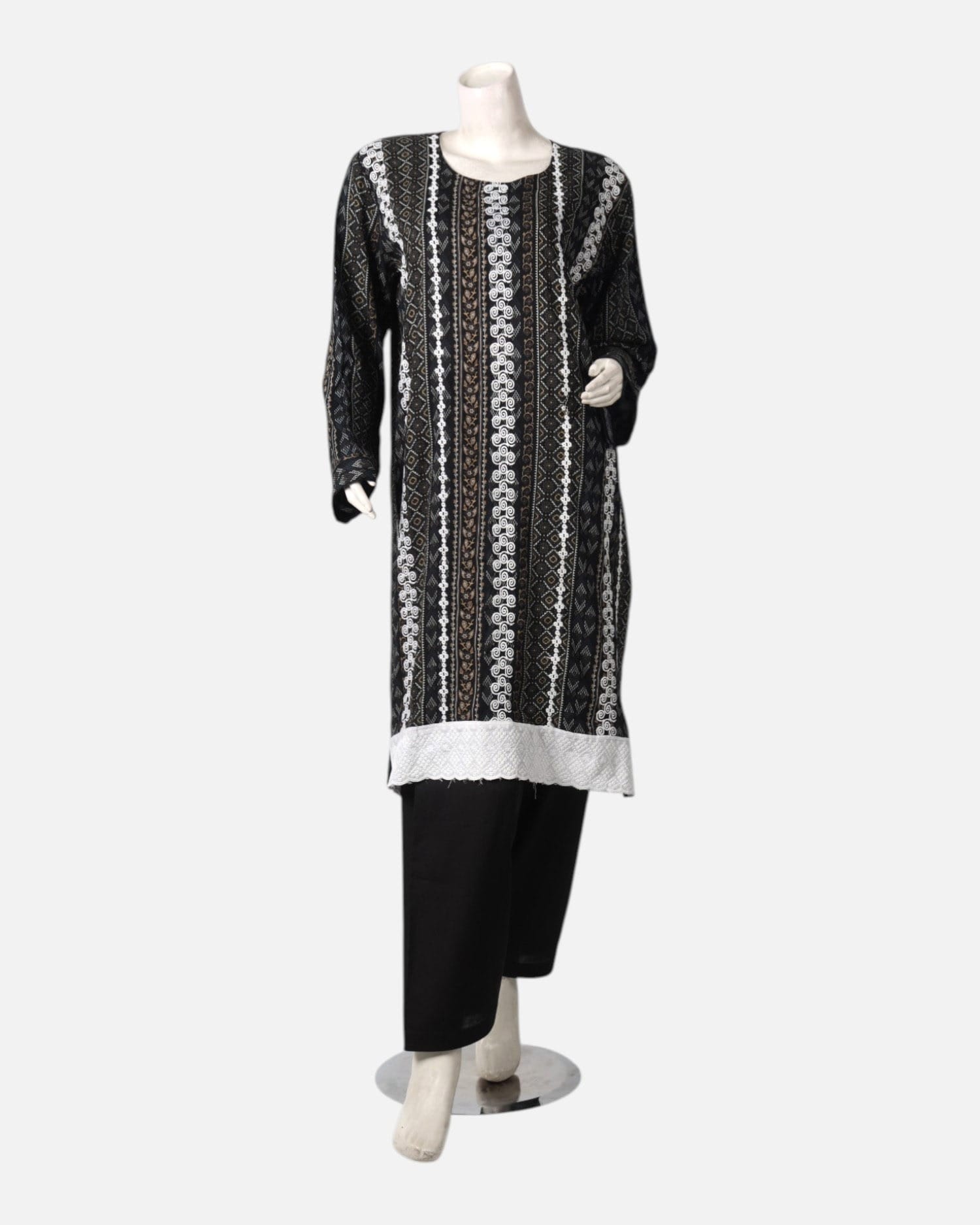 Afghan Black & White Punjabi Suit – 3 Piece Cotton Traditional Dress