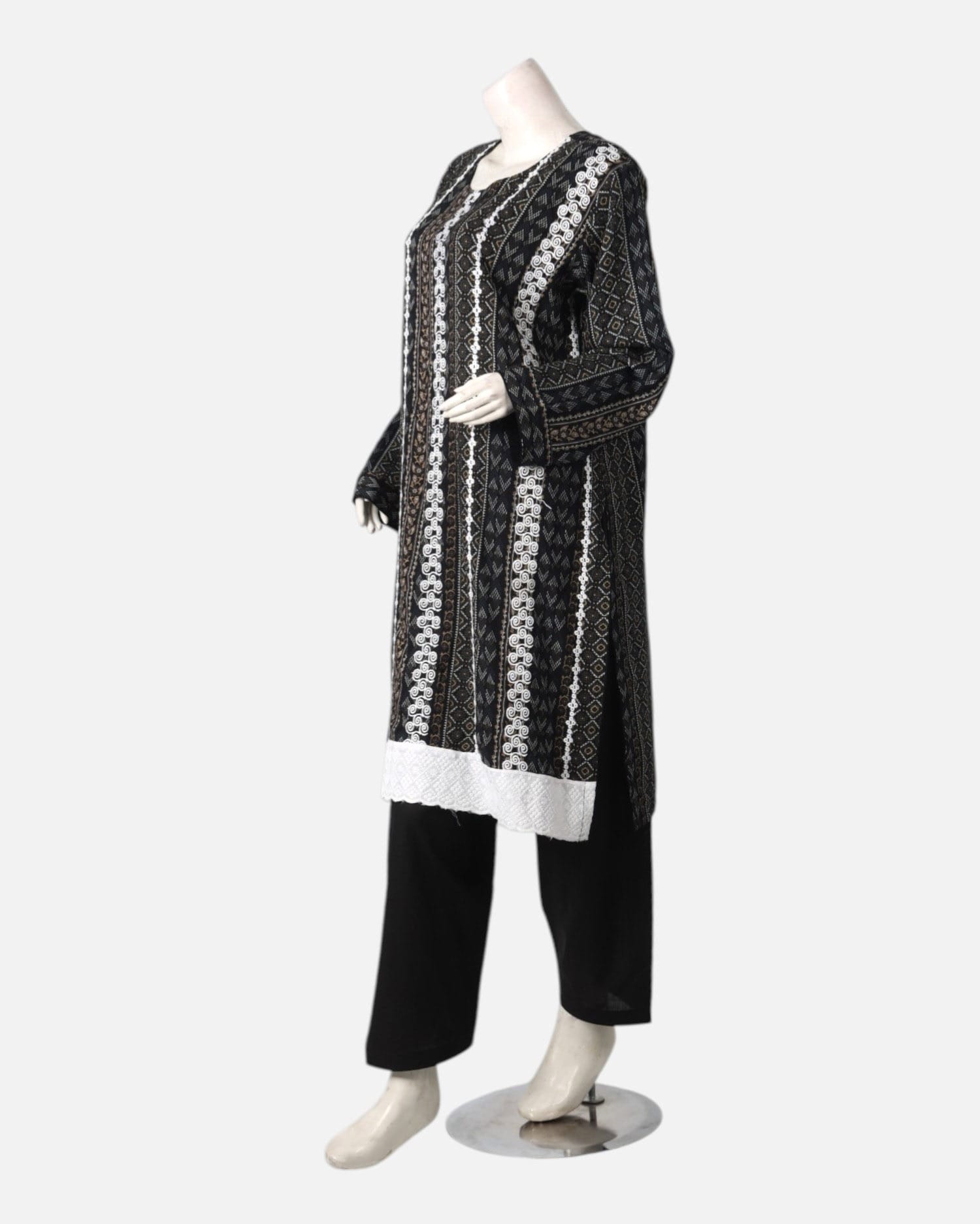 Afghan Black & White Punjabi Suit – 3 Piece Cotton Traditional Dress