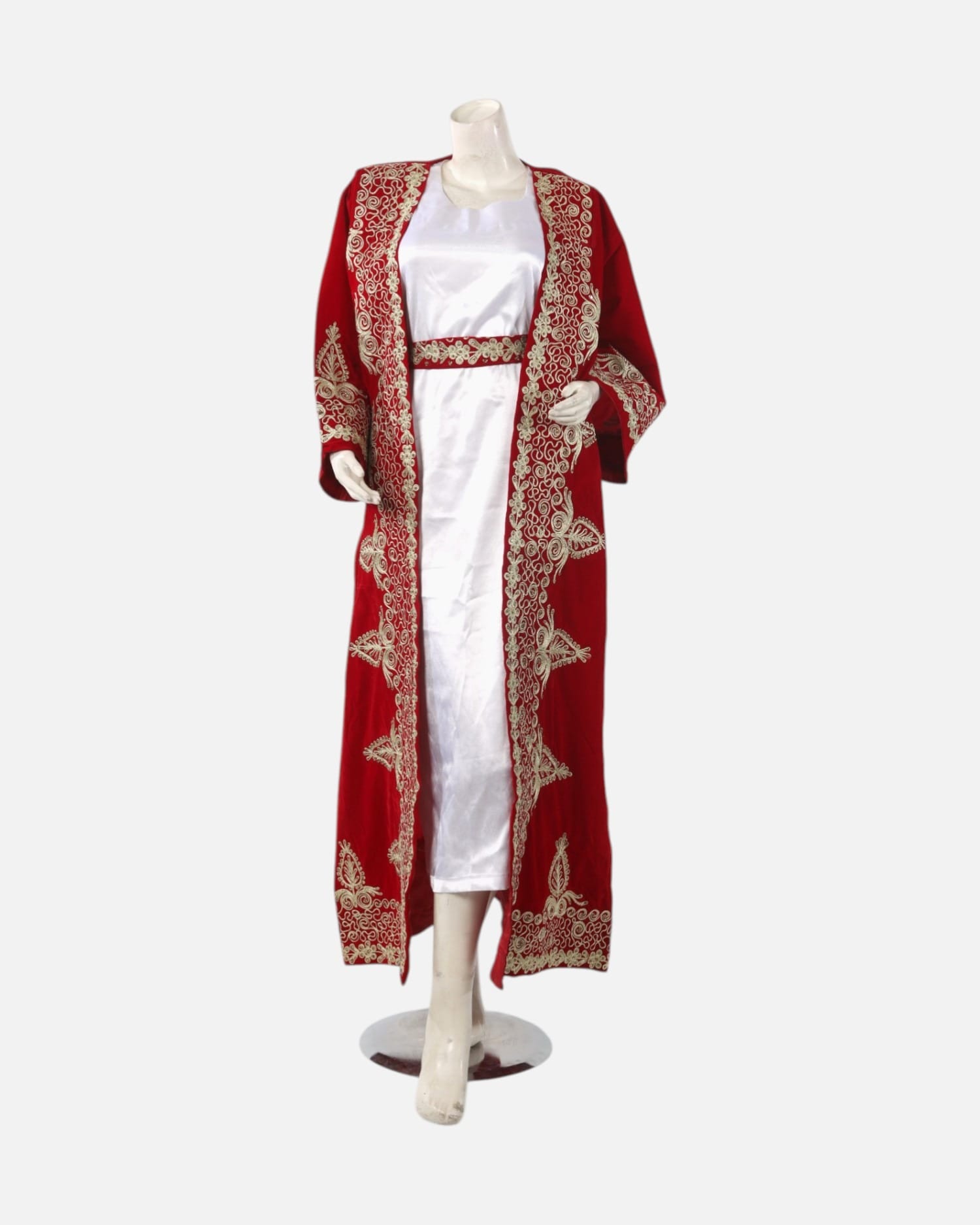Red Velvet Afghan Dress with Intricate Gold Embroidery – Traditional Afghan Heritage Wear