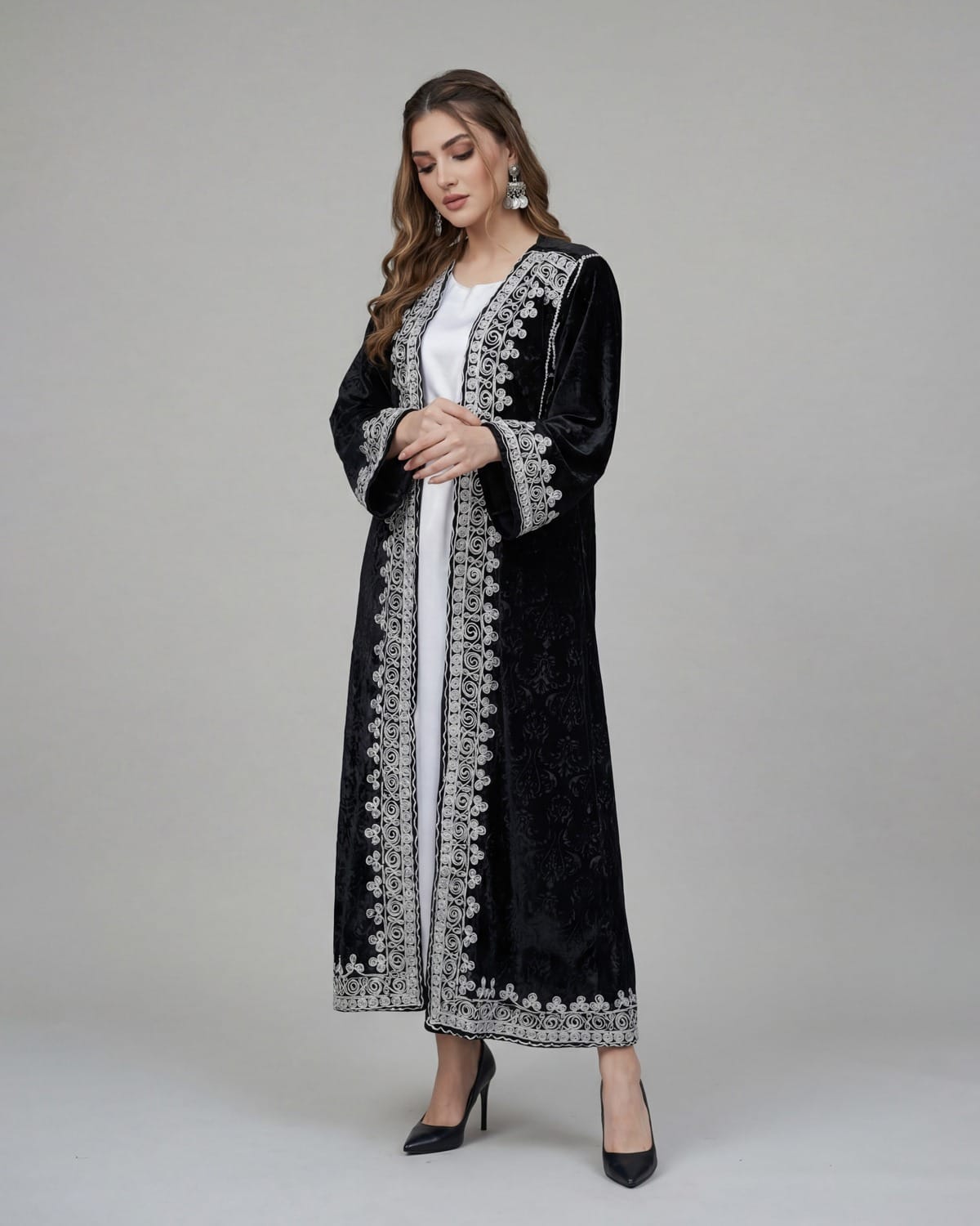 Black Velvet Dress with Silver Embroidery – Traditional Afghan Cultural Wear