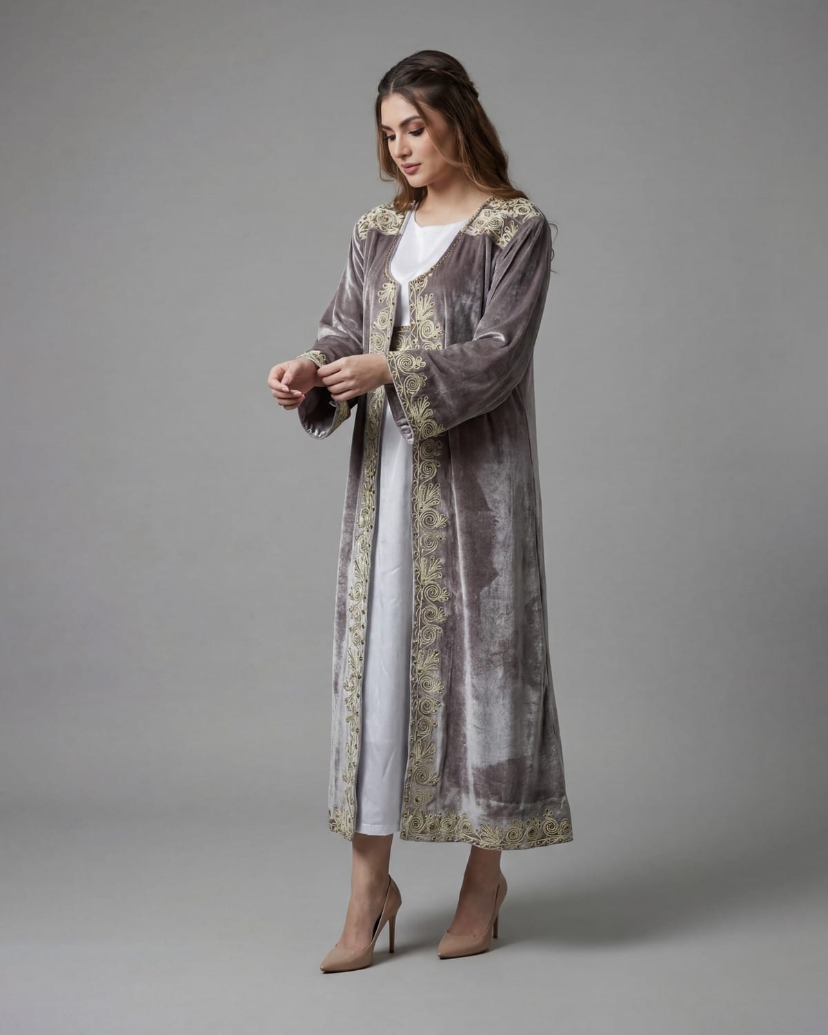 Handmade Afghan Chapan with Dress – Steel Velvet with Intricate Gulabatun Embroider