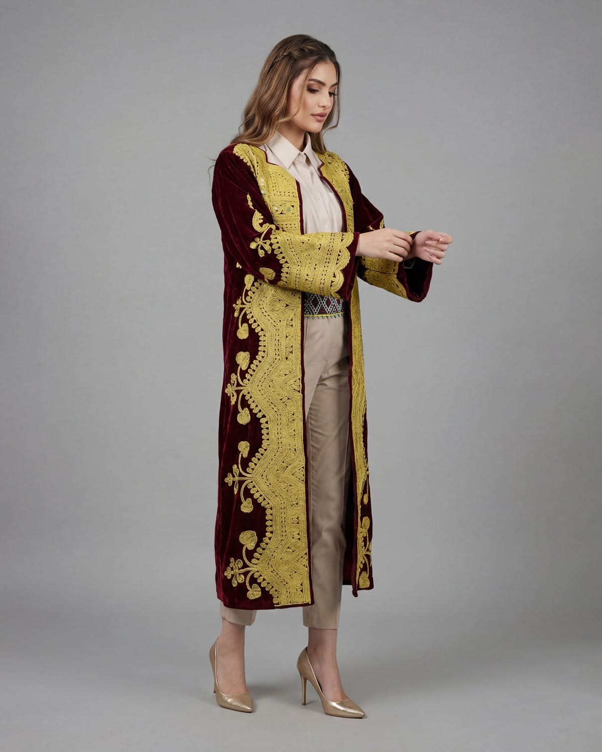Handmade Afghan Chapan with Gold Cherma Embroidery – Velvet Traditional Wear for Weddings and Cultural Events