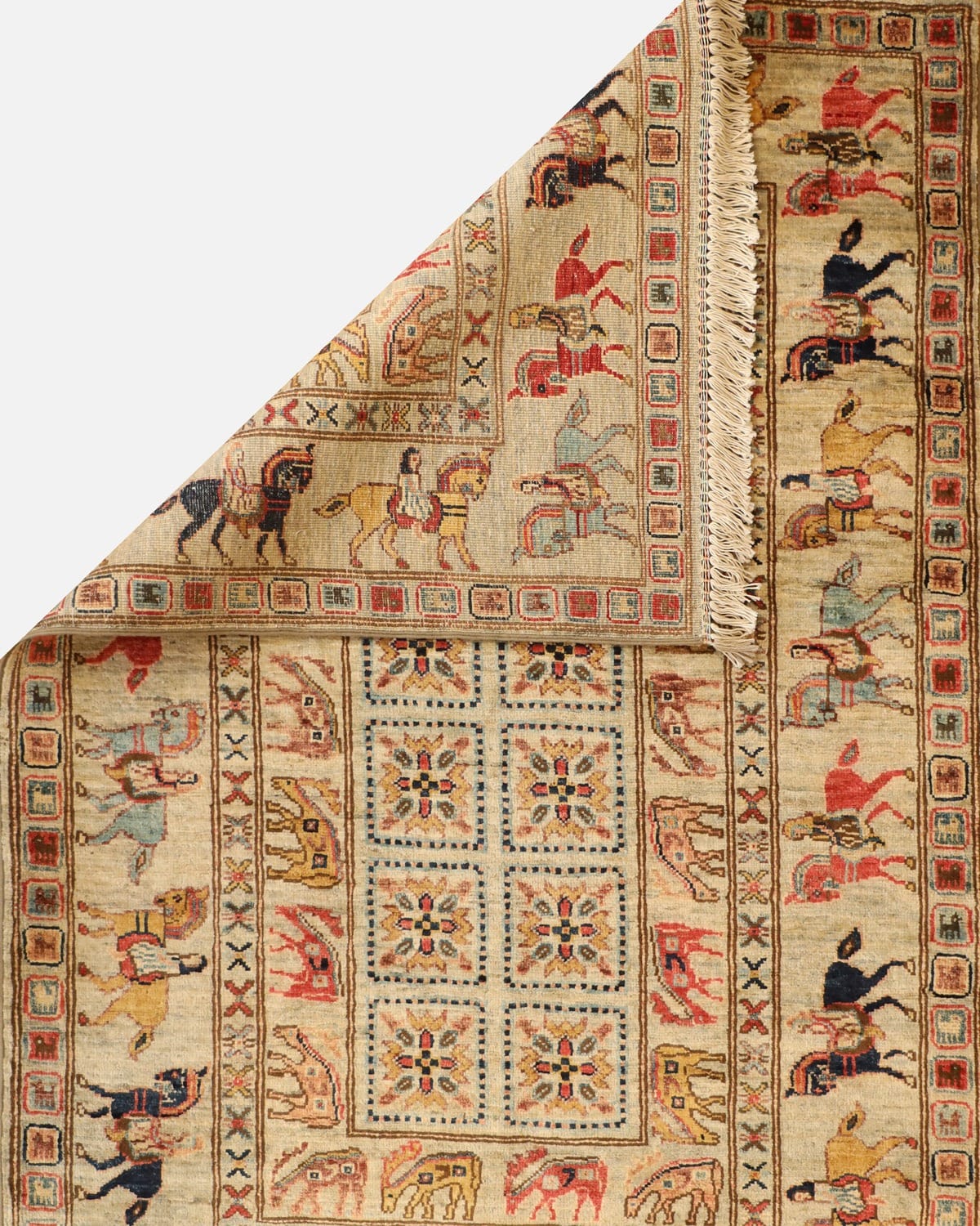 Museum Style Afghan Pazeraak Rug – Hand Knotted Wool & Cotton Tribal Horse Motif Carpet, Authentic Afghan Artisan Rug 1.50×2 m