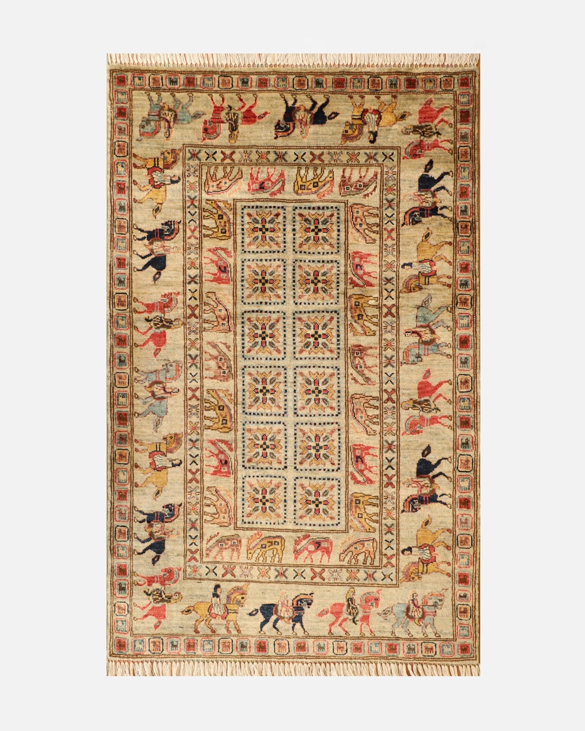 Museum Style Afghan Pazeraak Rug – Hand Knotted Wool & Cotton Tribal Horse Motif Carpet, Authentic Afghan Artisan Rug 1.50×2 m