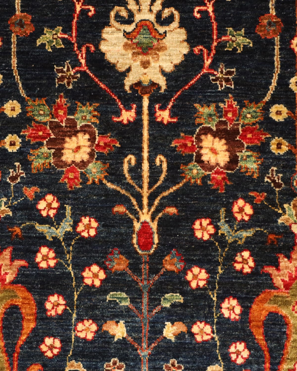 Luxury Hand Knotted Afghan Sultani Rug – Dark Navy Floral Garden Design, Wool & Cotton Handmade Afghan Artisan Carpet