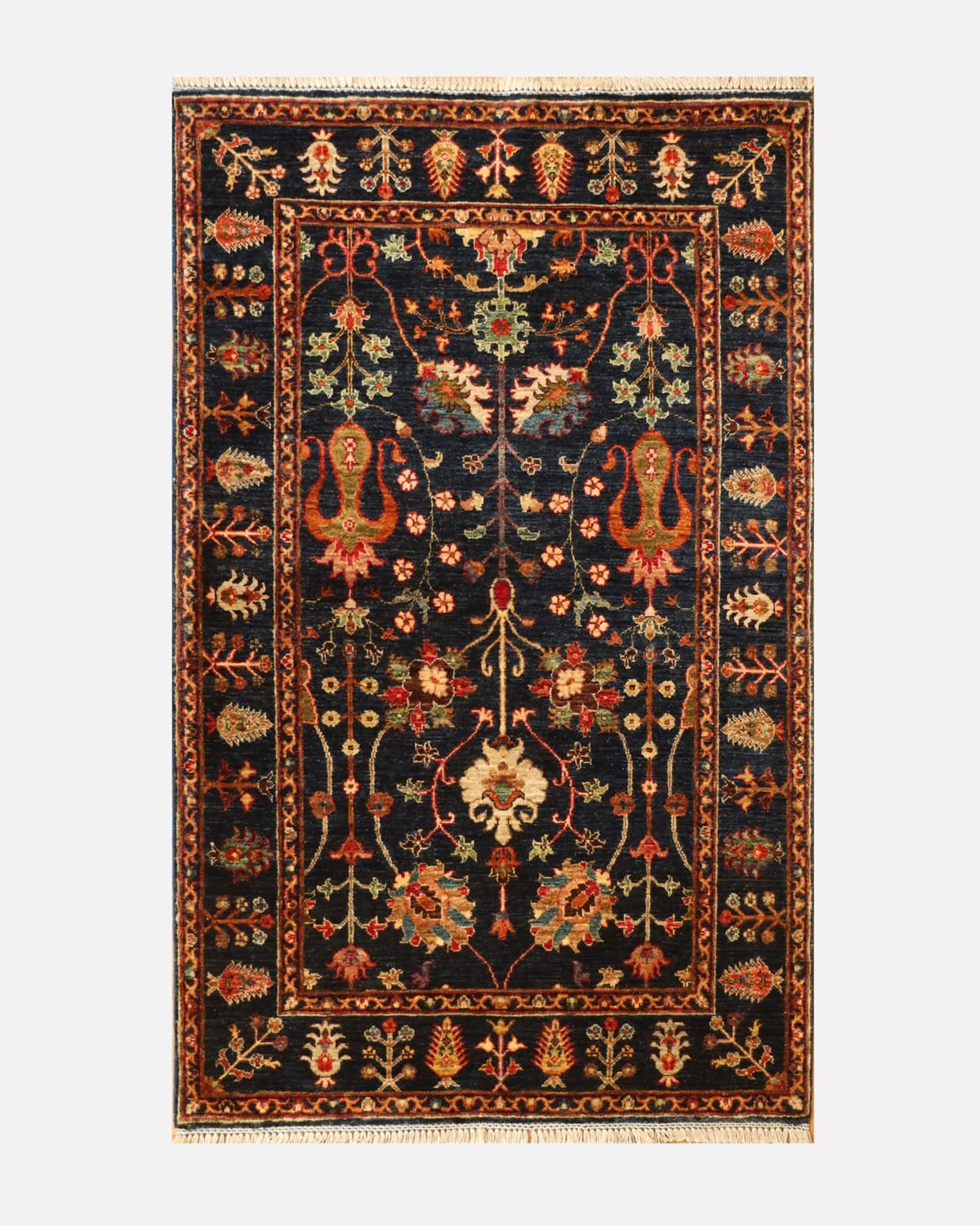 Luxury Hand Knotted Afghan Sultani Rug – Dark Navy Floral Garden Design, Wool & Cotton Handmade Afghan Artisan Carpet