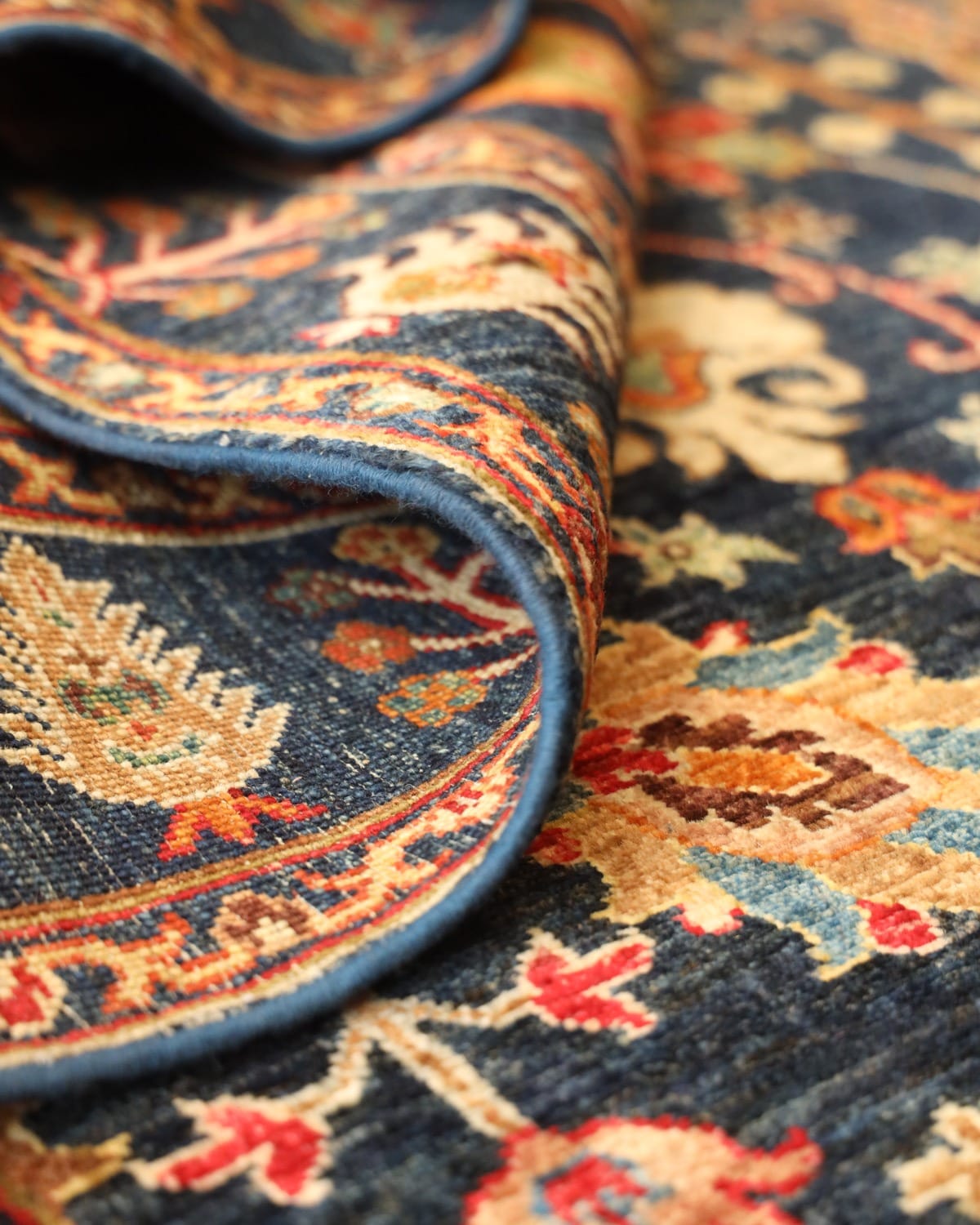Luxury Hand Knotted Afghan Sultani Rug – Dark Navy Floral Garden Design, Wool & Cotton Handmade Afghan Artisan Carpet