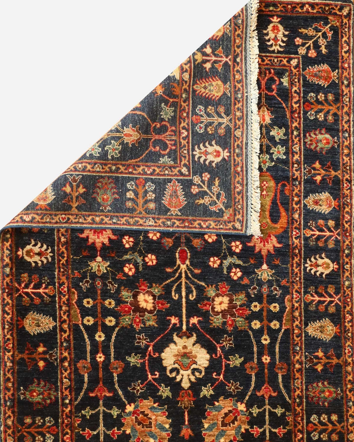 Luxury Hand Knotted Afghan Sultani Rug – Dark Navy Floral Garden Design, Wool & Cotton Handmade Afghan Artisan Carpet