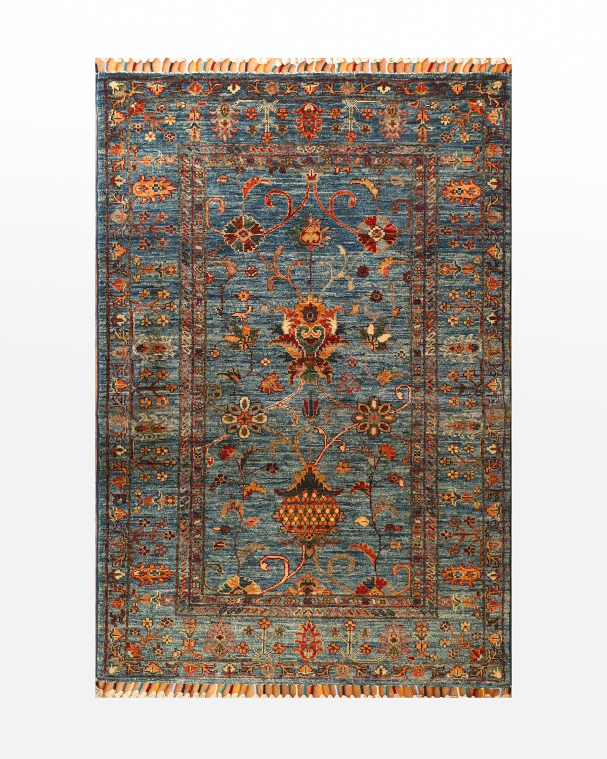 Sultani Afghan Hand Knotted Rug - Wool & Cotton Traditional Carpet- 1×2 m (35×40 in) Blue Floral Design