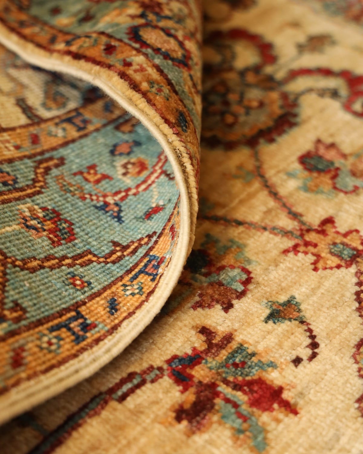 Traditional Afghan Harees Rug 1x2.15 – Handmade Wool Afghan Carpet, Cream & Turquoise Floral Pattern Rug, Artisan Oriental Area Rug