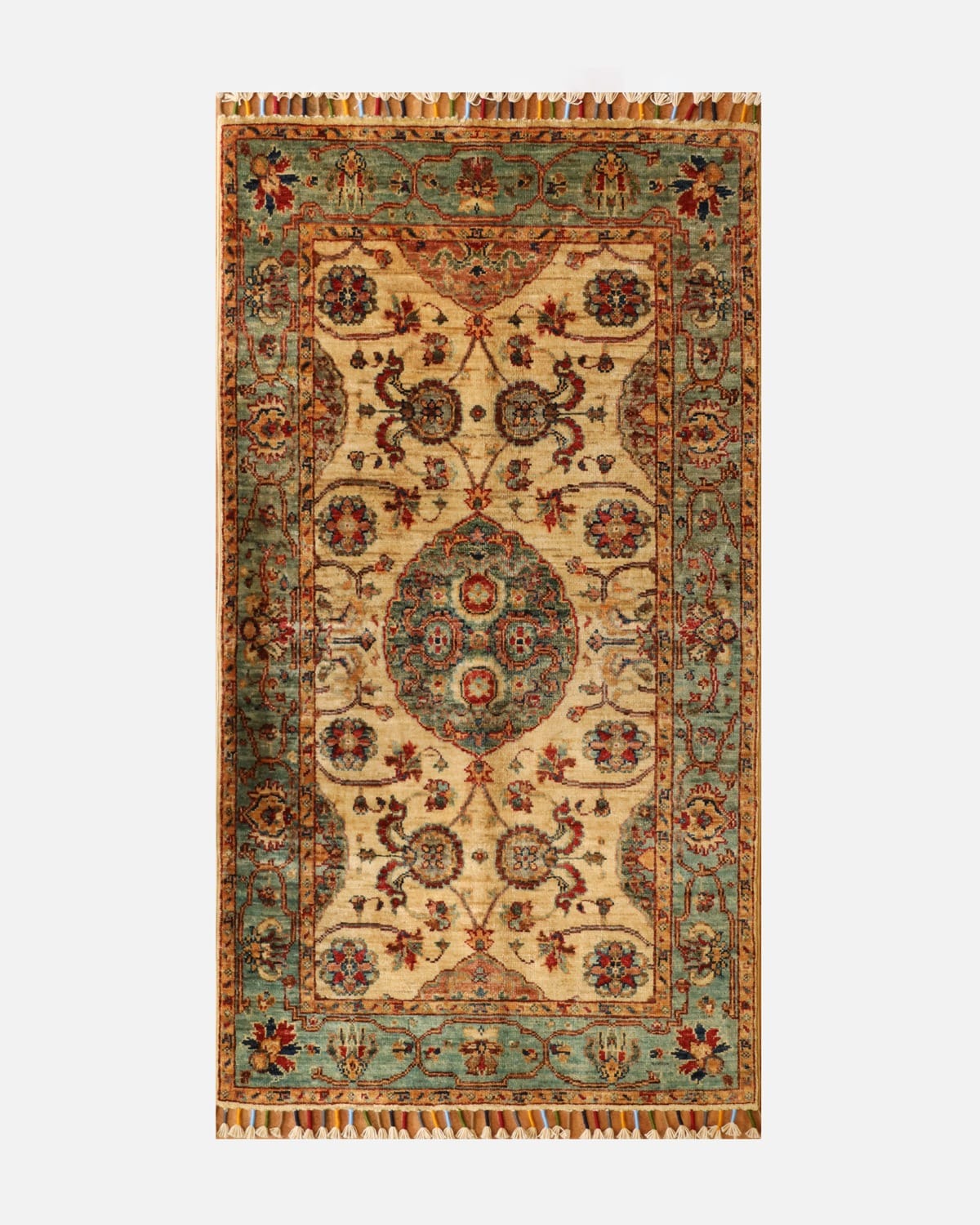 Traditional Afghan Harees Rug 1x2.15 – Handmade Wool Afghan Carpet, Cream & Turquoise Floral Pattern Rug, Artisan Oriental Area Rug