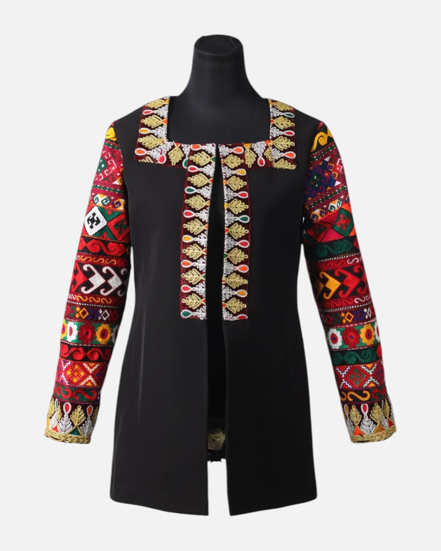 Black Chapan Coat, Hand Embroidered, Customizable Size, Unique Handcrafted Outerwear