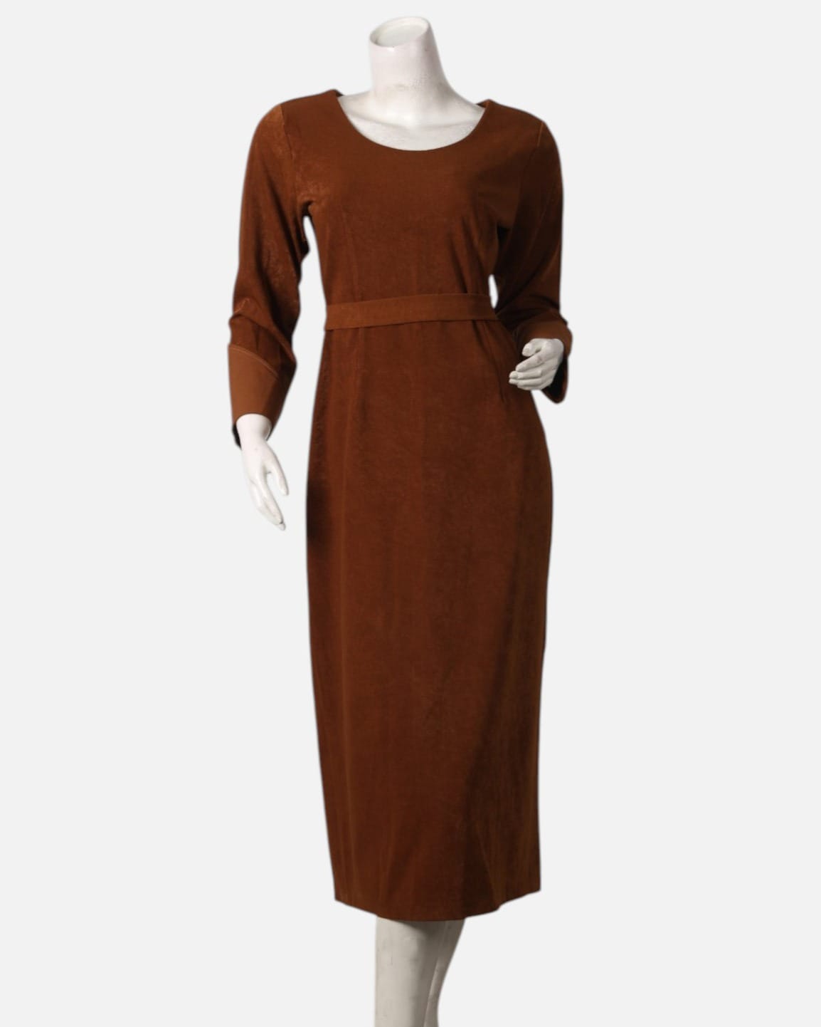Brown Minimalist Formal Dress – Elegant Long Sleeve Midi Dress