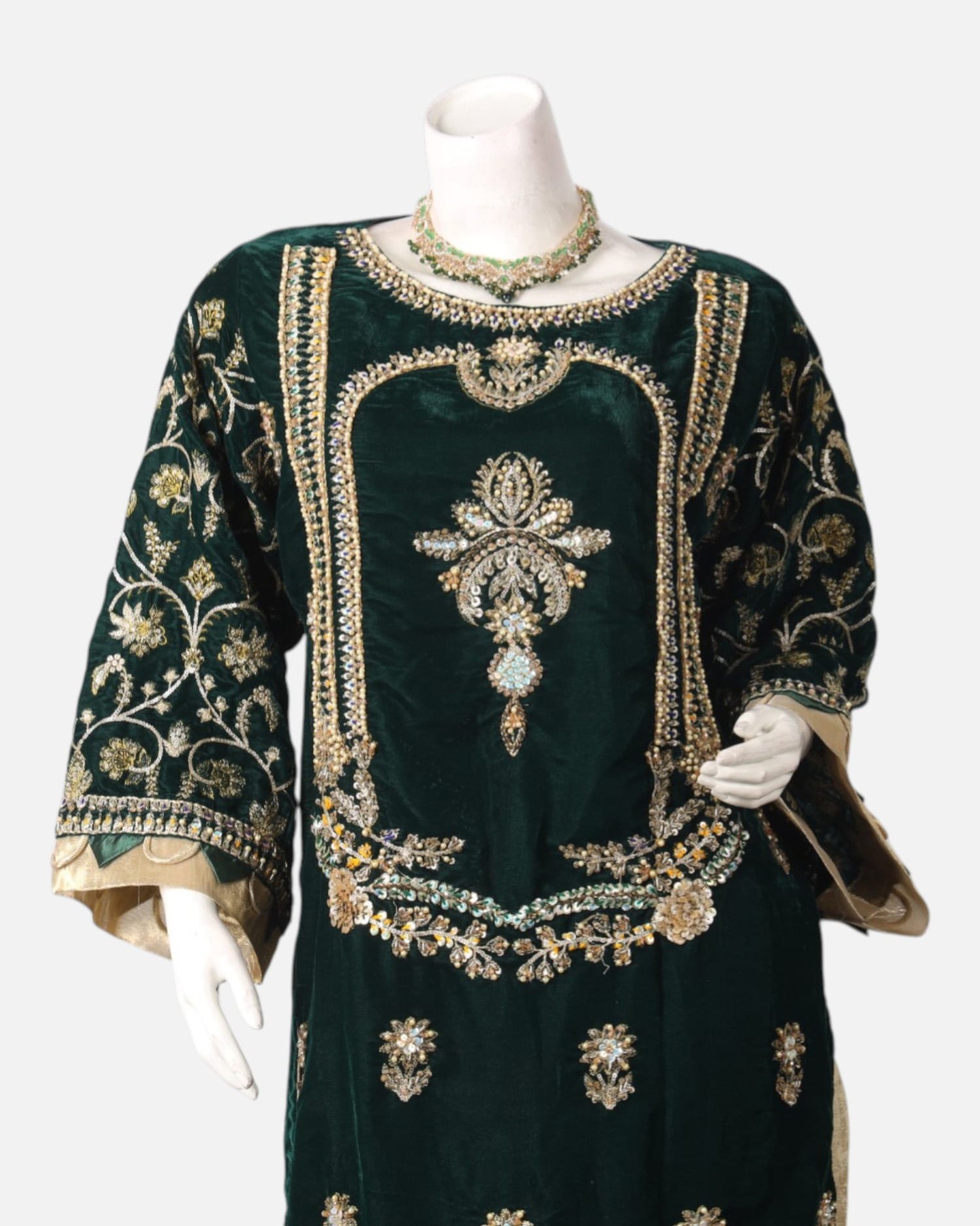 Green Velvet Punjabi Dress with Gold Bead Embroidery – Banarsi Silk Formal Afghan Party Outfit