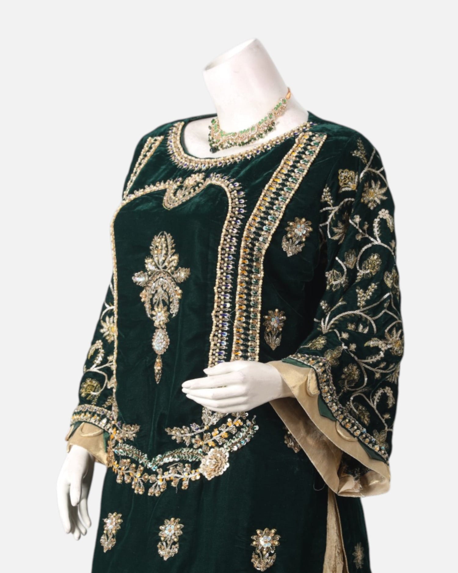 Green Velvet Punjabi Dress with Gold Bead Embroidery – Banarsi Silk Formal Afghan Party Outfit