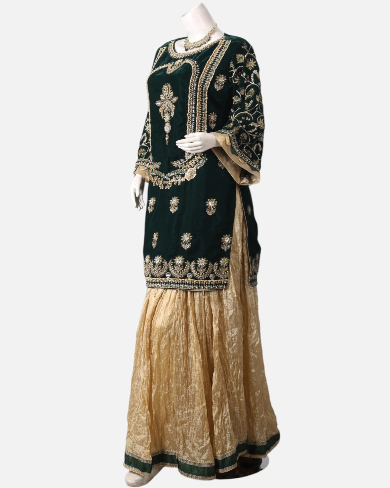 Green Velvet Punjabi Dress with Gold Bead Embroidery – Banarsi Silk Formal Afghan Party Outfit