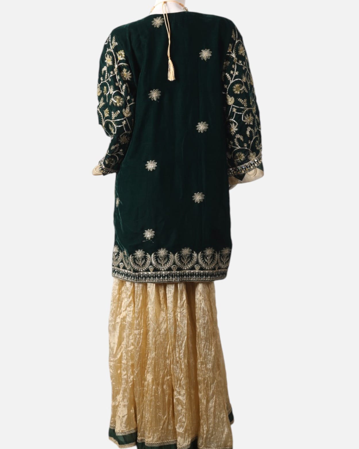 Green Velvet Punjabi Dress with Gold Bead Embroidery – Banarsi Silk Formal Afghan Party Outfit