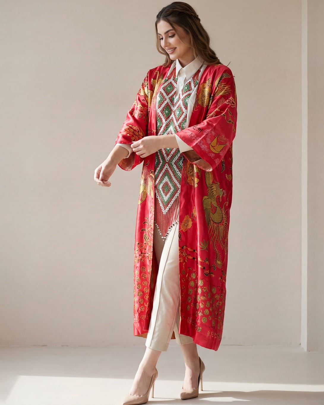 Red Silk Tajik Chapan – Handmade Central Asian Cultural Coat