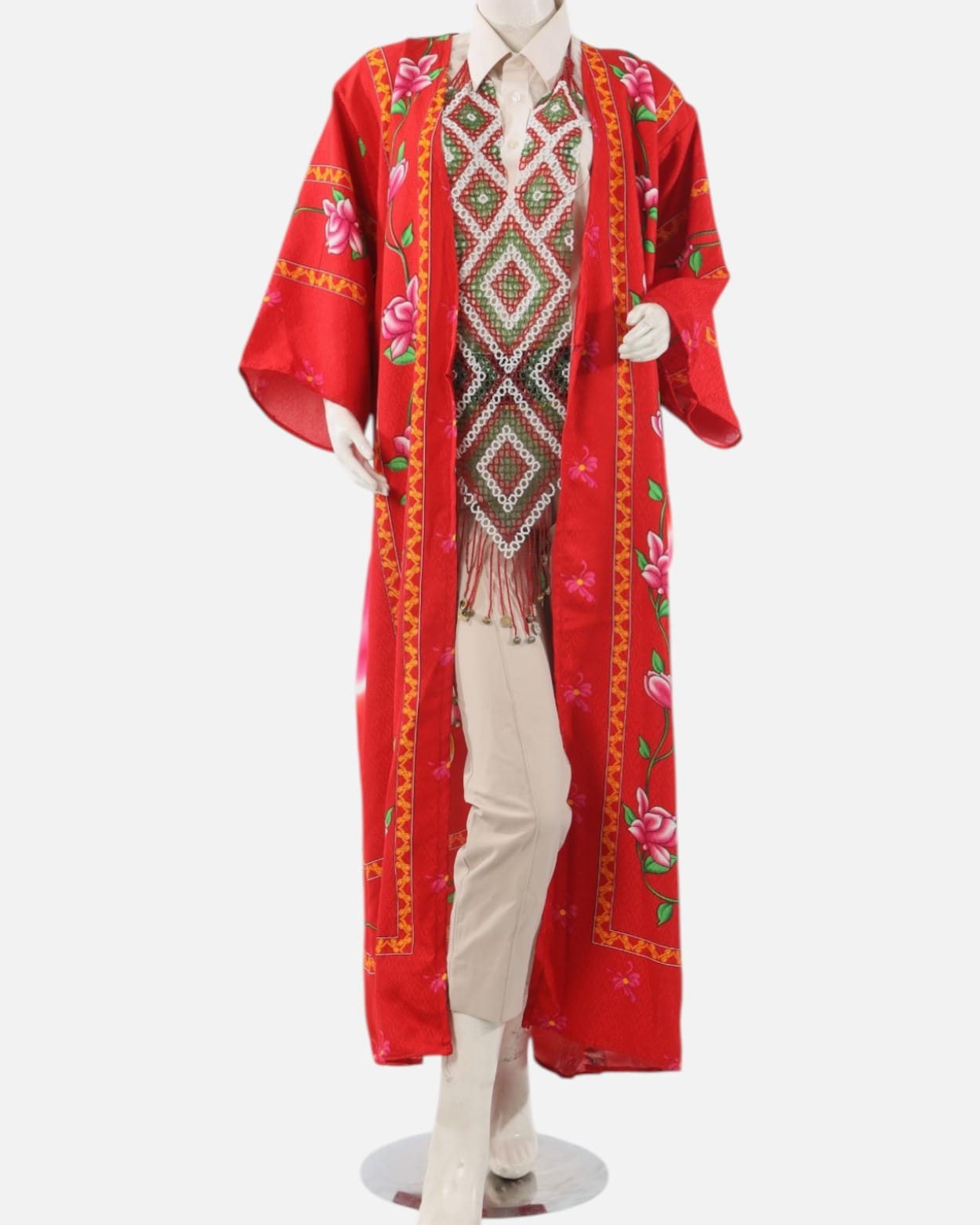Red Tajik Floral Chapan Robe – Traditional Central Asian Silk Kimono Coat, Cultural Festival Jacket for Women