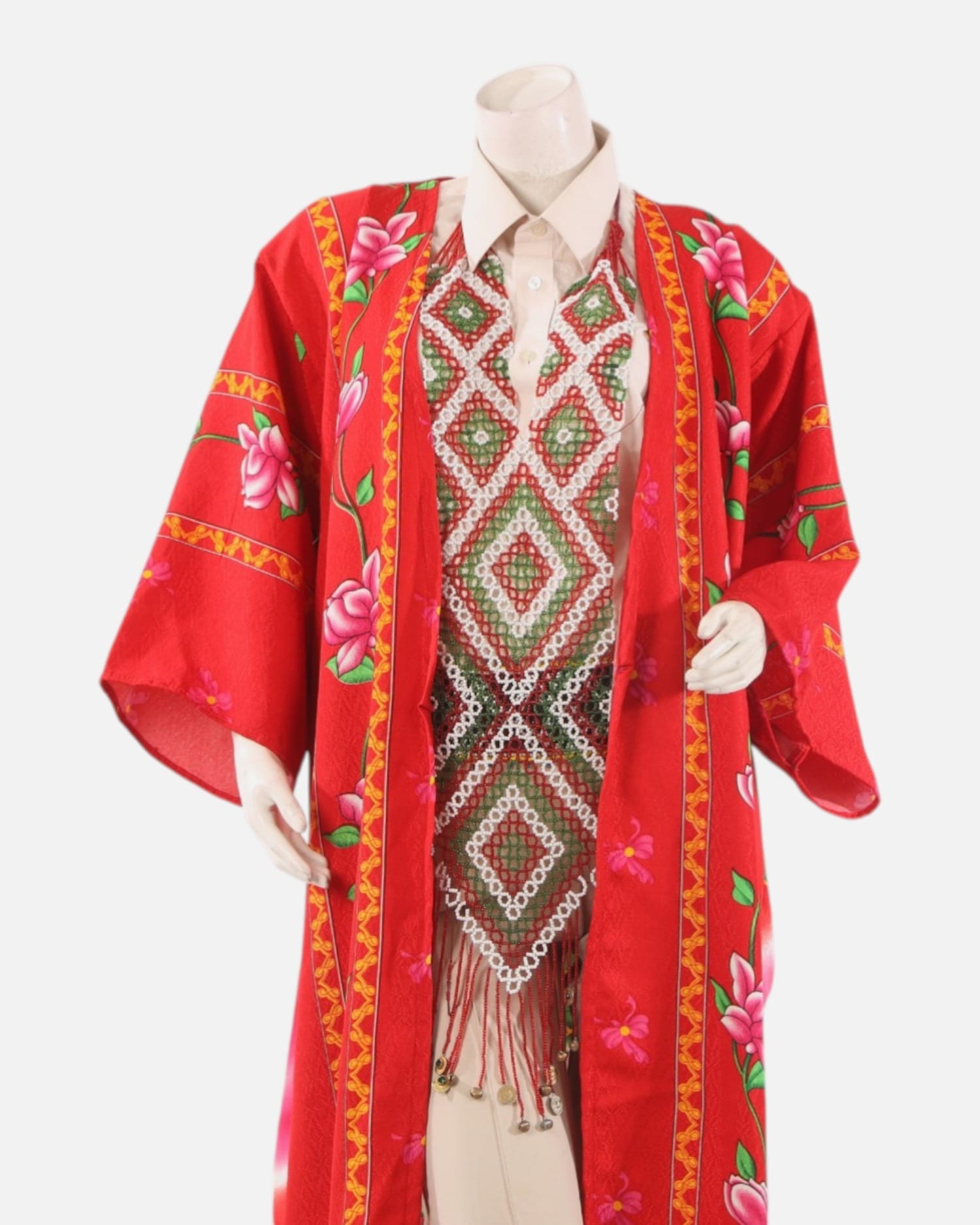 Red Tajik Floral Chapan Robe – Traditional Central Asian Silk Kimono Coat, Cultural Festival Jacket for Women