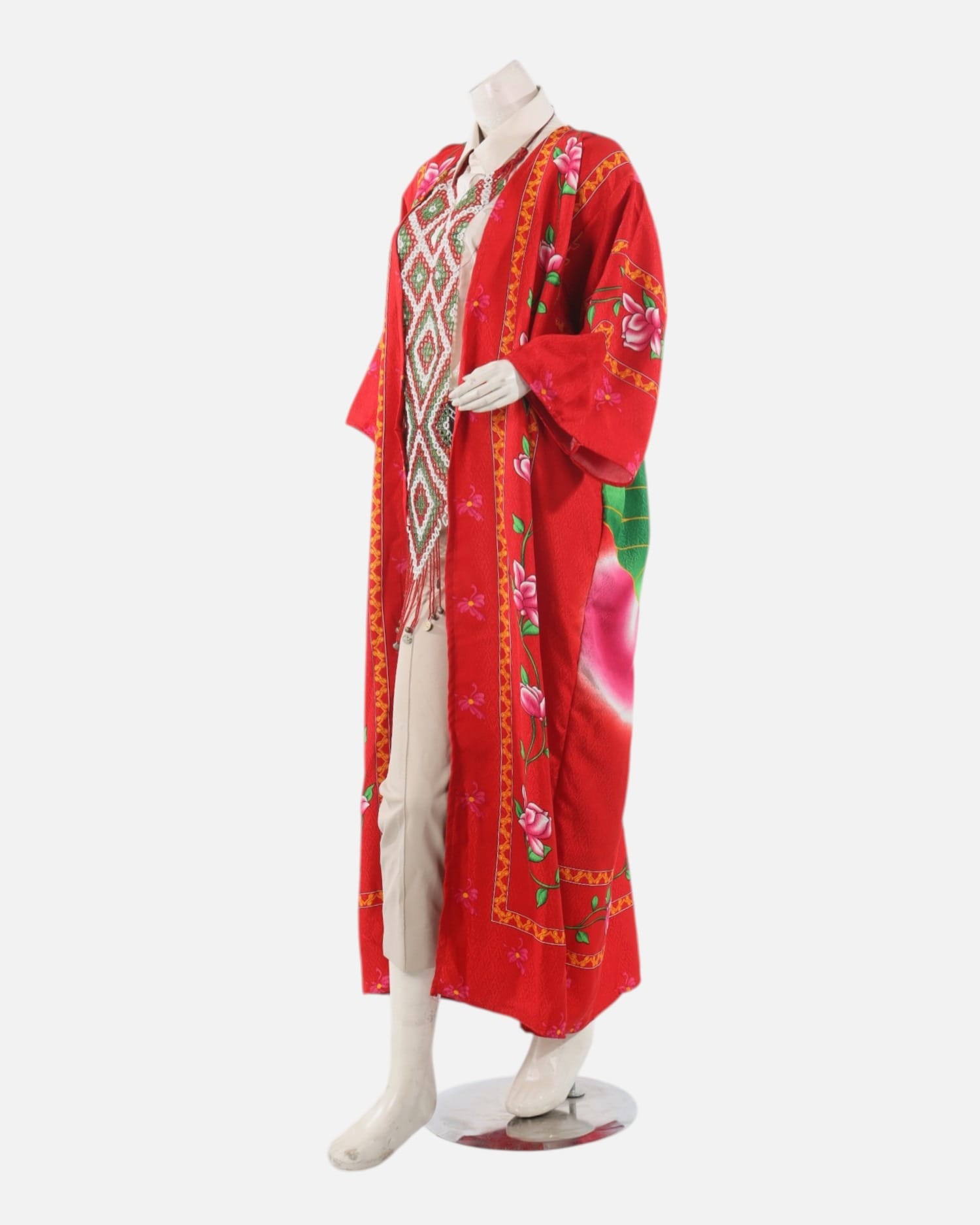 Red Tajik Floral Chapan Robe – Traditional Central Asian Silk Kimono Coat, Cultural Festival Jacket for Women