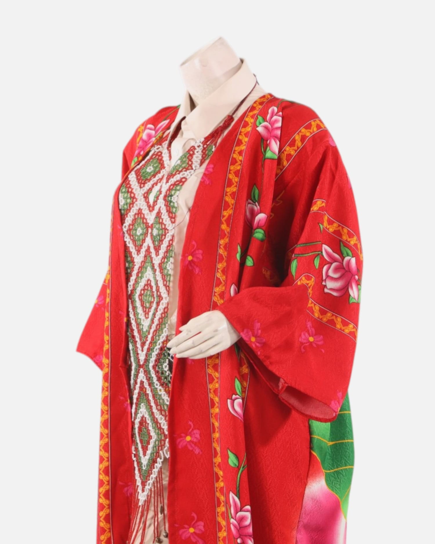 Red Tajik Floral Chapan Robe – Traditional Central Asian Silk Kimono Coat, Cultural Festival Jacket for Women