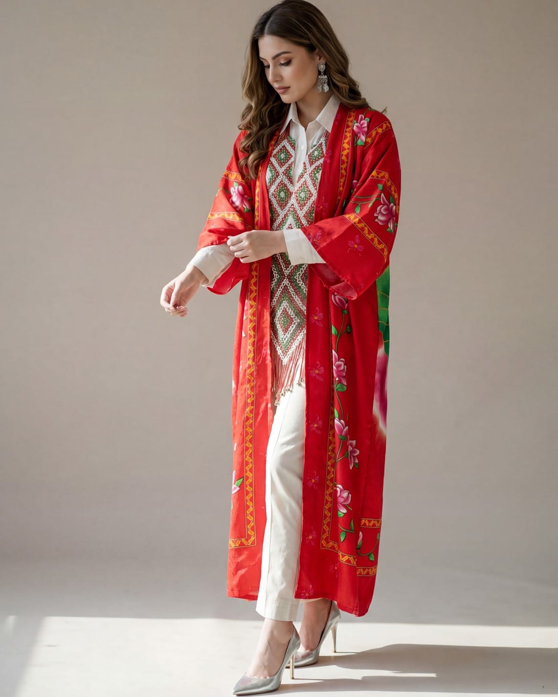 Red Tajik Floral Chapan Robe – Traditional Central Asian Silk Kimono Coat, Cultural Festival Jacket for Women