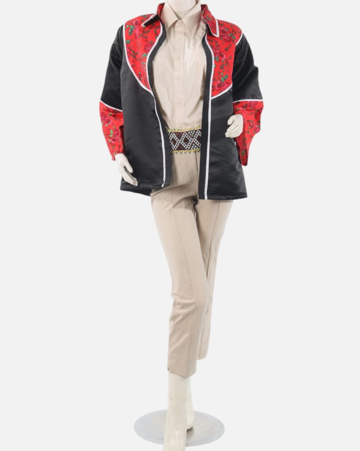 Red & Black Afghan Apple Blossom Satin Kurti Jacket – Traditional Floral Cultural Coat for Women