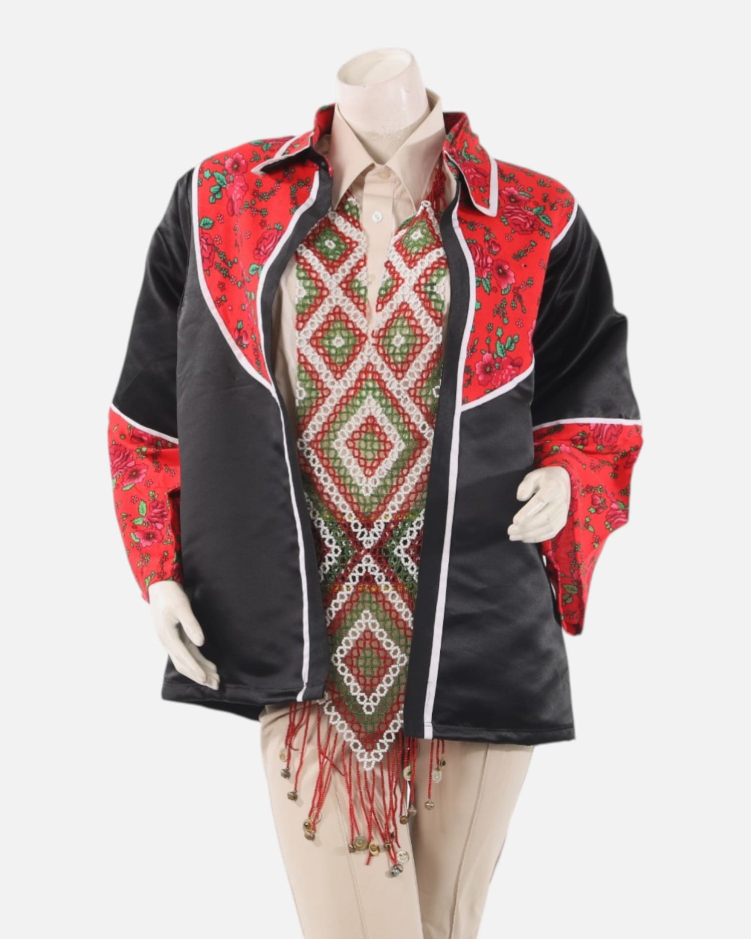 Red & Black Afghan Apple Blossom Satin Kurti Jacket – Traditional Floral Cultural Coat for Women