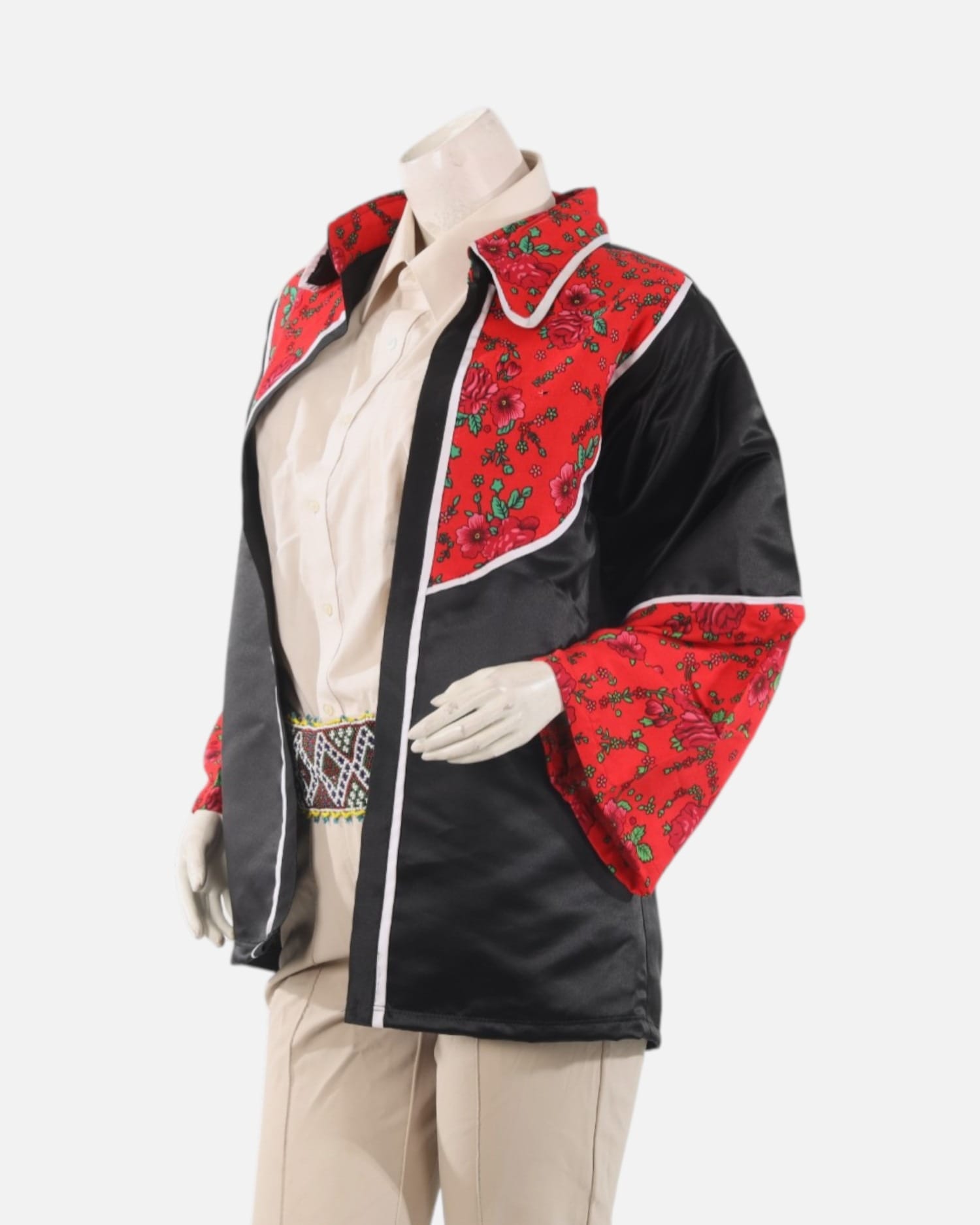 Red & Black Afghan Apple Blossom Satin Kurti Jacket – Traditional Floral Cultural Coat for Women